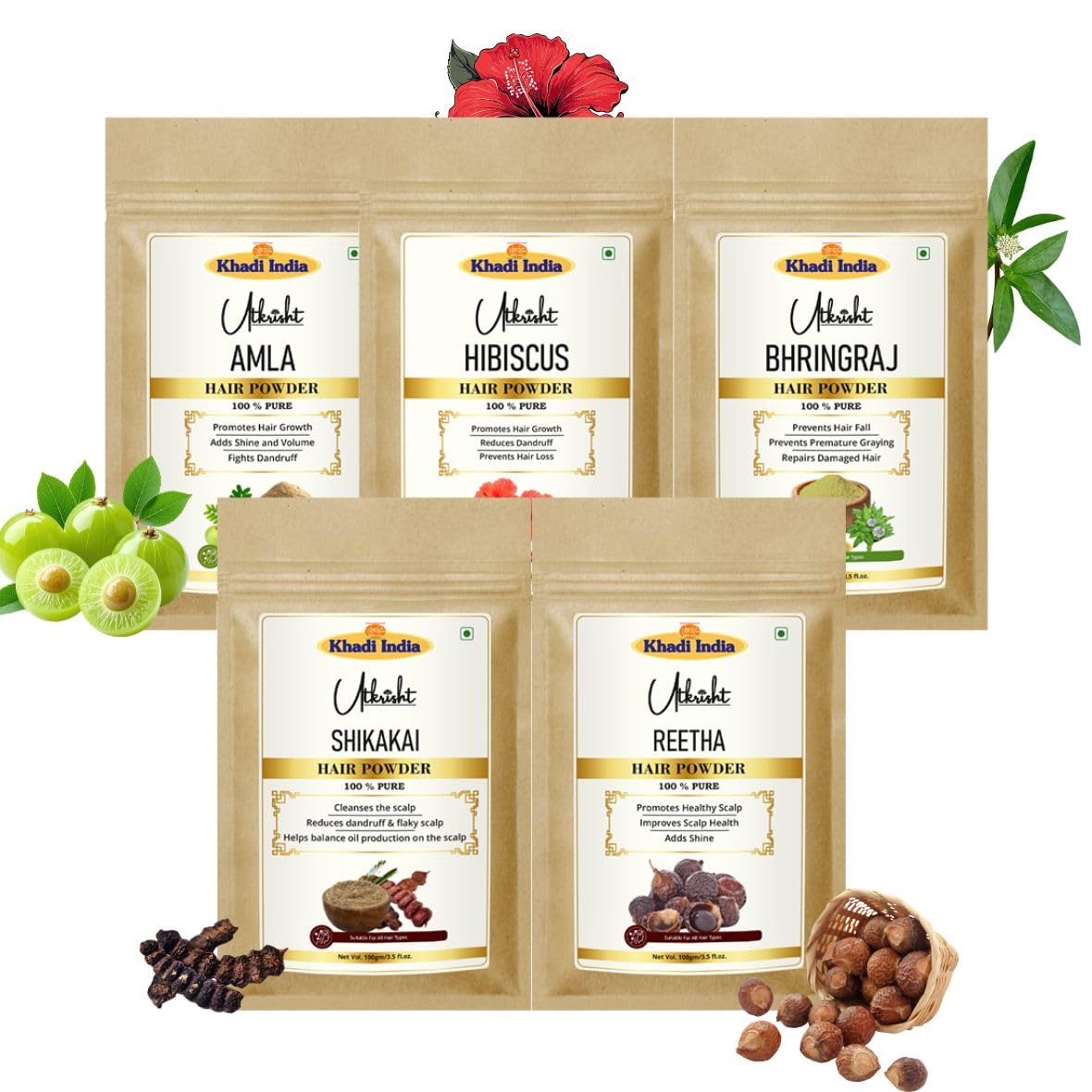 Utkrsith Khadi Amla, Bhringraj, Shikakai, Reetha, & Hibiscus Hair Growth Powder Combo | 100% Natural Herbal Hair Care | Controls Hair Fall & Boosts Volume - 500GM (Pack of 5)