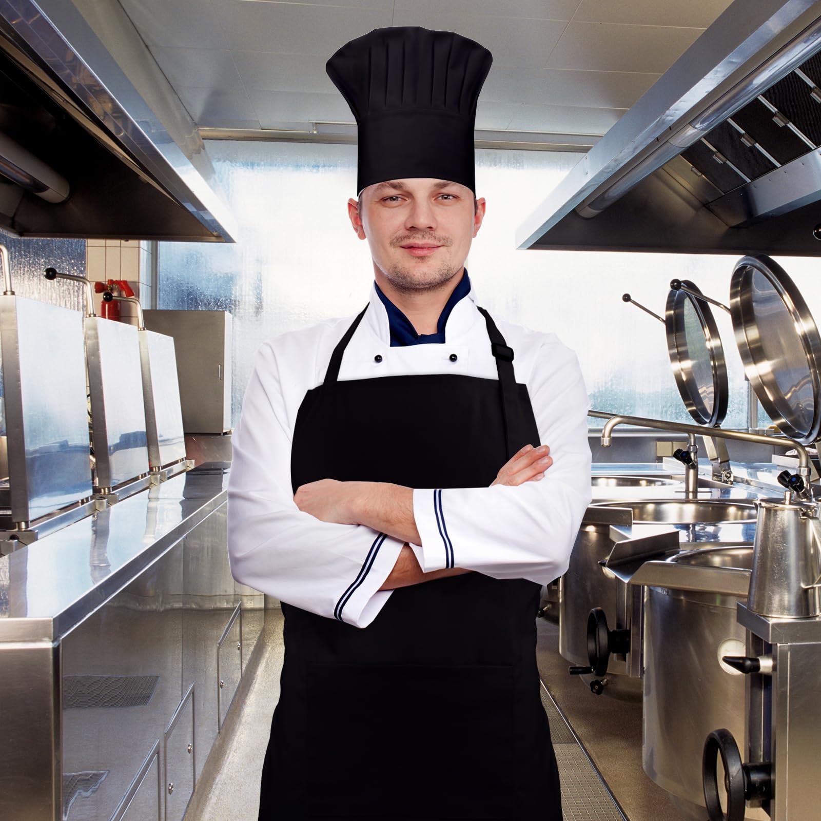 Set grembiule da chef e cappello, 2 tasche regolabili, in cotone, grembiule da cucina, costume da panettiere per uomo e donna