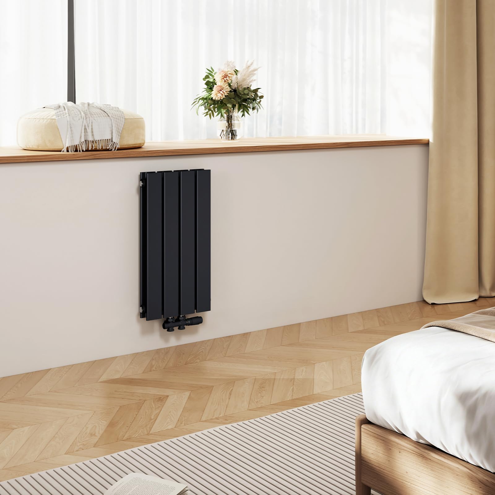 EMKE Heizkörper Klein 600x304 mm Vertikal Flachheizkörper mit Mittelanschluss, Doppellagig Paneelheizkörper Wandheizkörper für Bad, Schlafzimmer & Wohnzimmer, Schwarz 384W