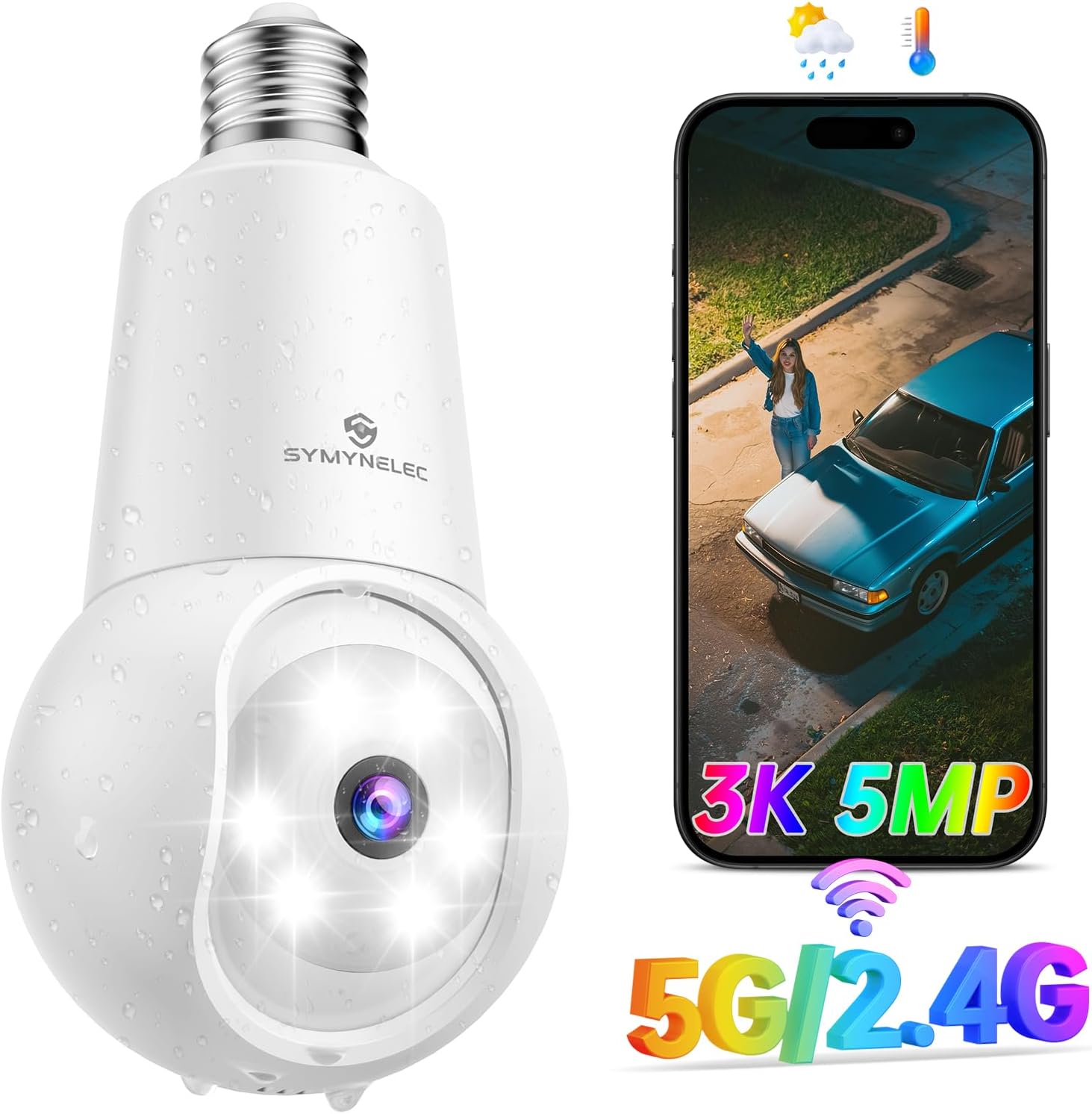 SYMYNELEC Light Bulb Security Camera: 5G WiFi Socket Camera Outdoor - Wireless Lightbulb Camera Waterproof for Home with 3K Night Vision Motion Detection