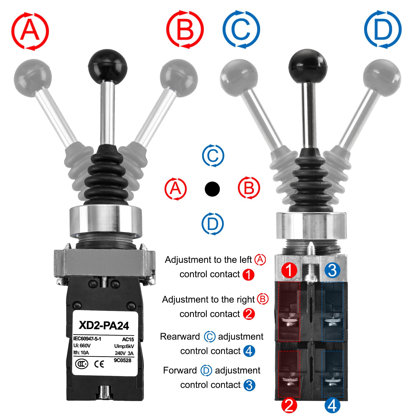 Heschen Monolever Joystick Switch, XD2-PA24, SPST, 4NO, 4 Direction Momentary Type, Ui AC660V, Ith 10A, Black - Image 3