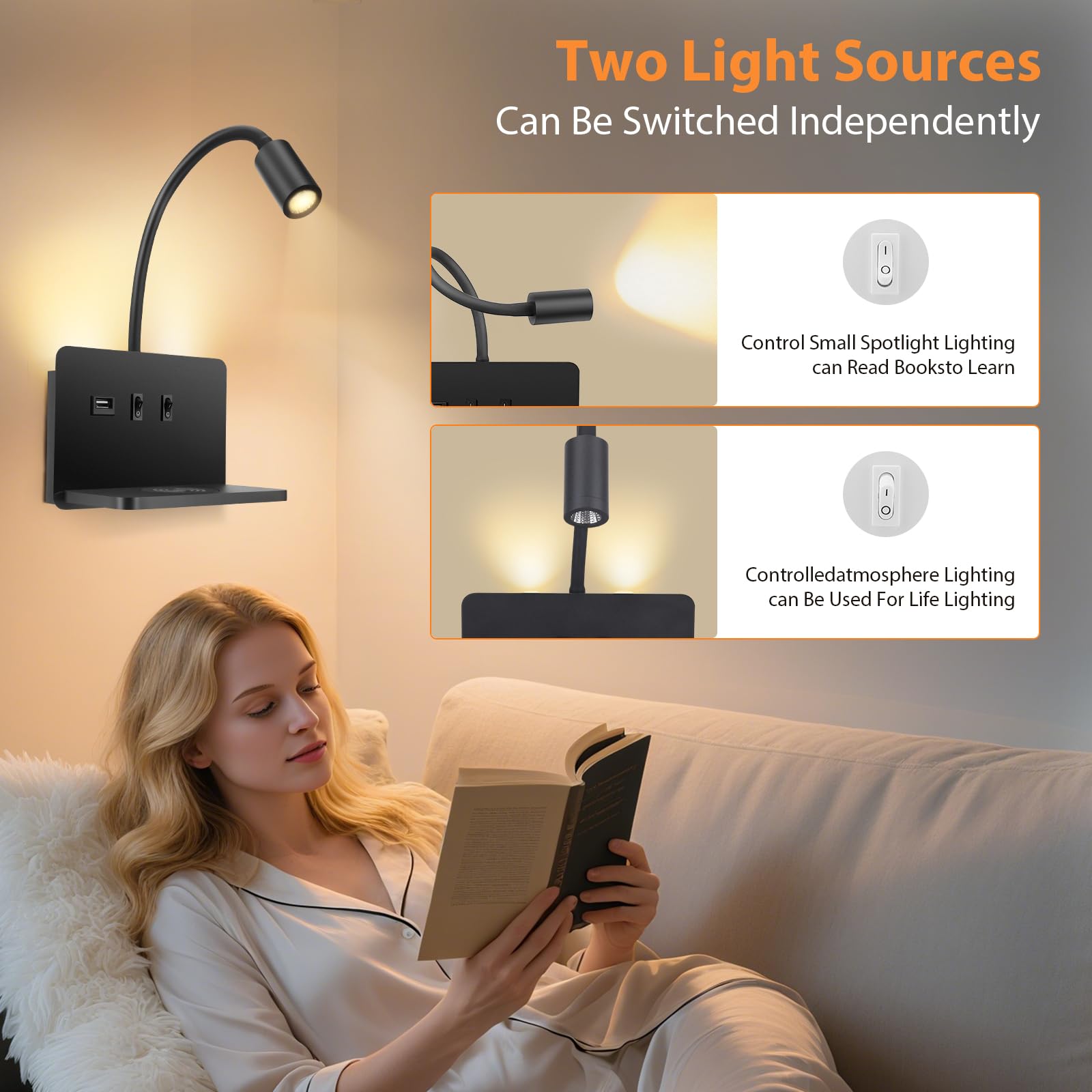 Lampada da parete per comodino con porta di ricarica USB e Caricatore Wireless, lampada da lettura 3W + 9W 3000K, Faretto Regolabile Luce Ambientale per Camera da Letto(2)