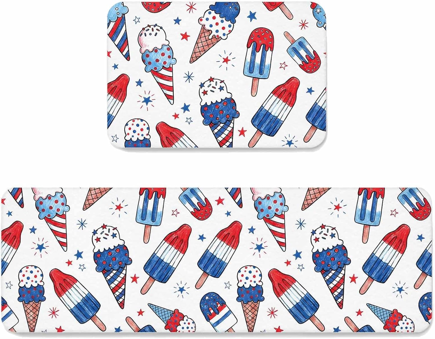 Prime Leader Red Blue Ice Cream Kitchen Mat Set 2 Pieces Independence Day Watercolor Ice Cream Non Slip Kitchen Rugs Washable Runner Rug Mats for Sink Laundry (19.7" x 31.5"+19.7" x 63")