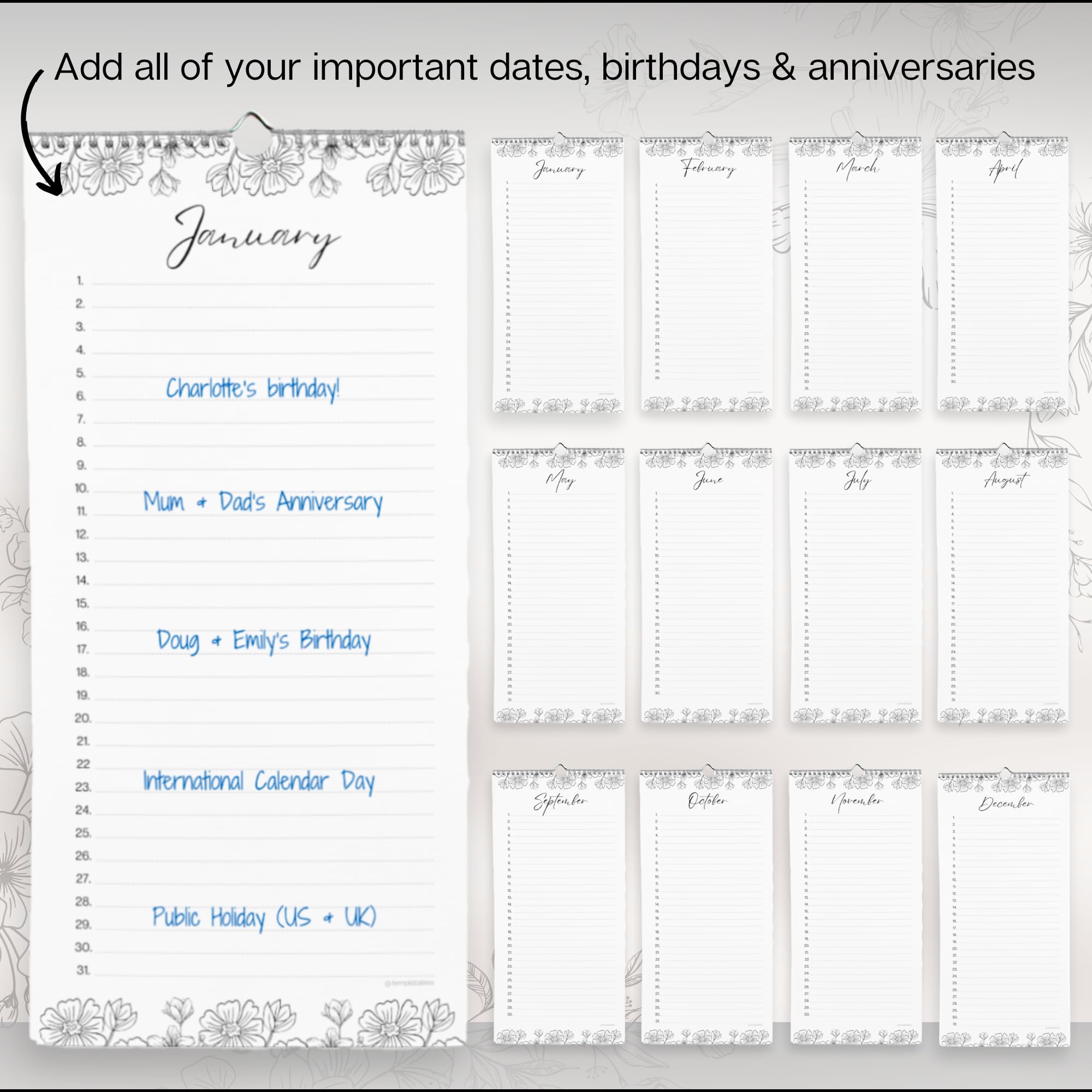 Calendario mensile perpetuo da parete per compleanni, anniversari e date speciali, rilegatura a spirale con carta premium da 120 g/m², perfetto per tenere traccia di eventi importanti e celebrazioni,