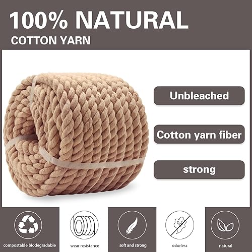Miniatura 6 de Cuerda de algodón trenzado de 1/2 ″ × 100 ′ Cuerda gruesa marrón natural para manualidades, macramé, colgador de plantas, colgar en la pared