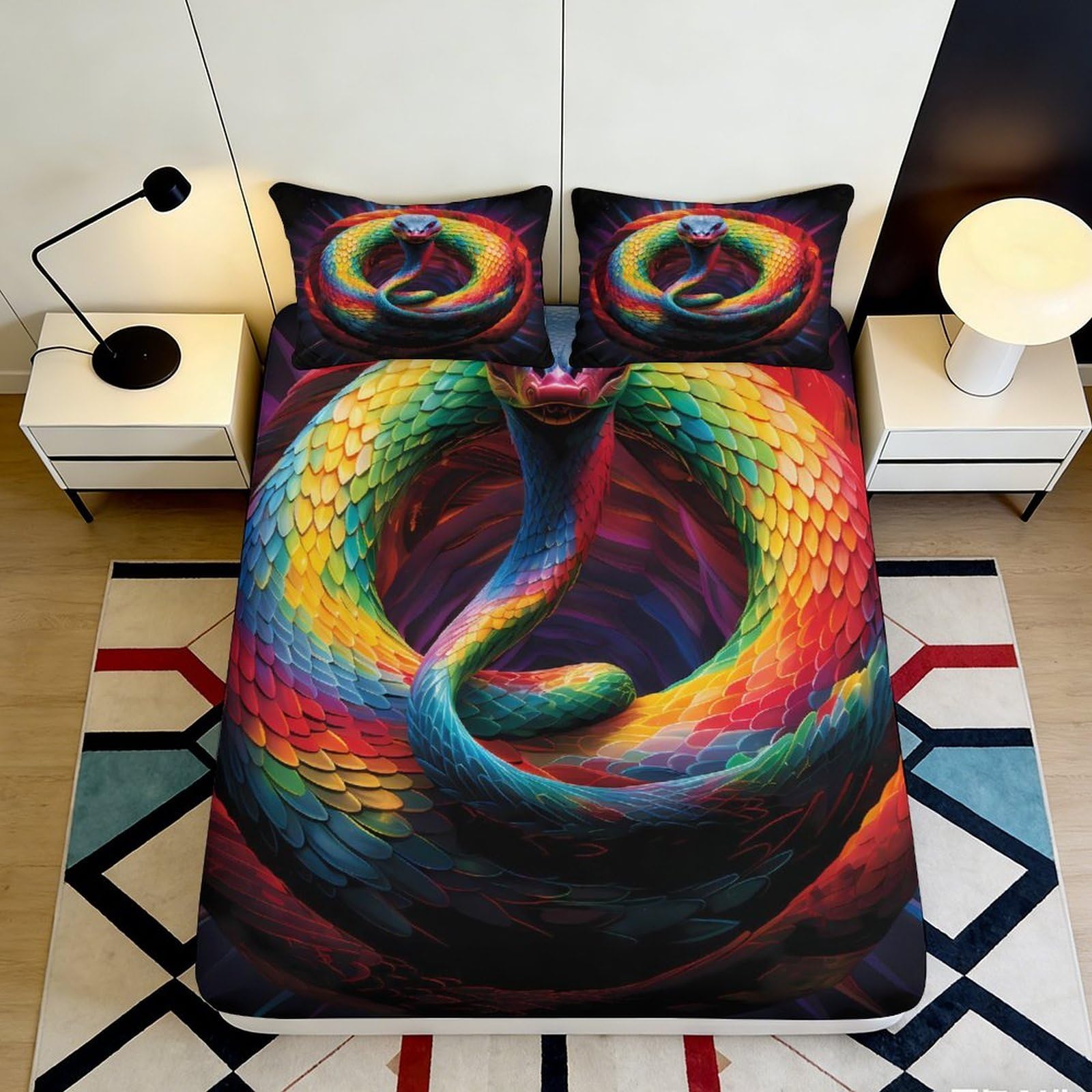 3D Printed Rainbow Snake Fitted Sheet Microfiber Soft Anti-Slip Colorful Serpent Mattress Cover for Bedroom Dorm Decor 90x200x25cm