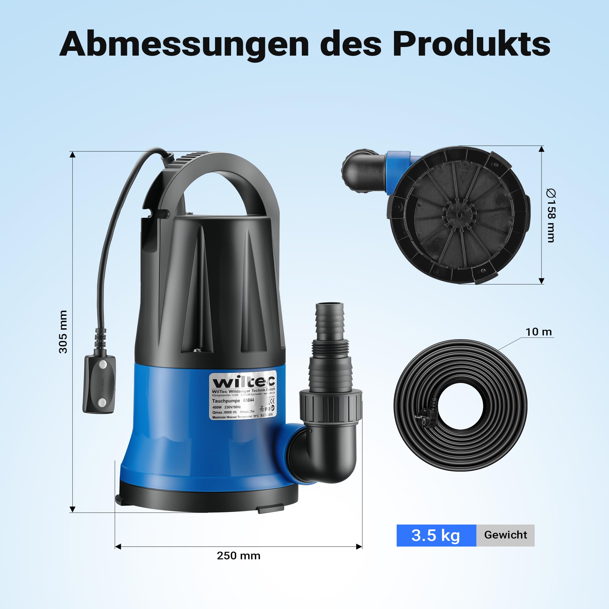 Wiltec Tauchpumpe 400 W, Schmutzwasserpumpe mit max. Fördermenge 6000 l/h, Pumpe zum Absaugen von Wasser max. Förderhöhe 7 m, Flachsaugpumpe für Keller