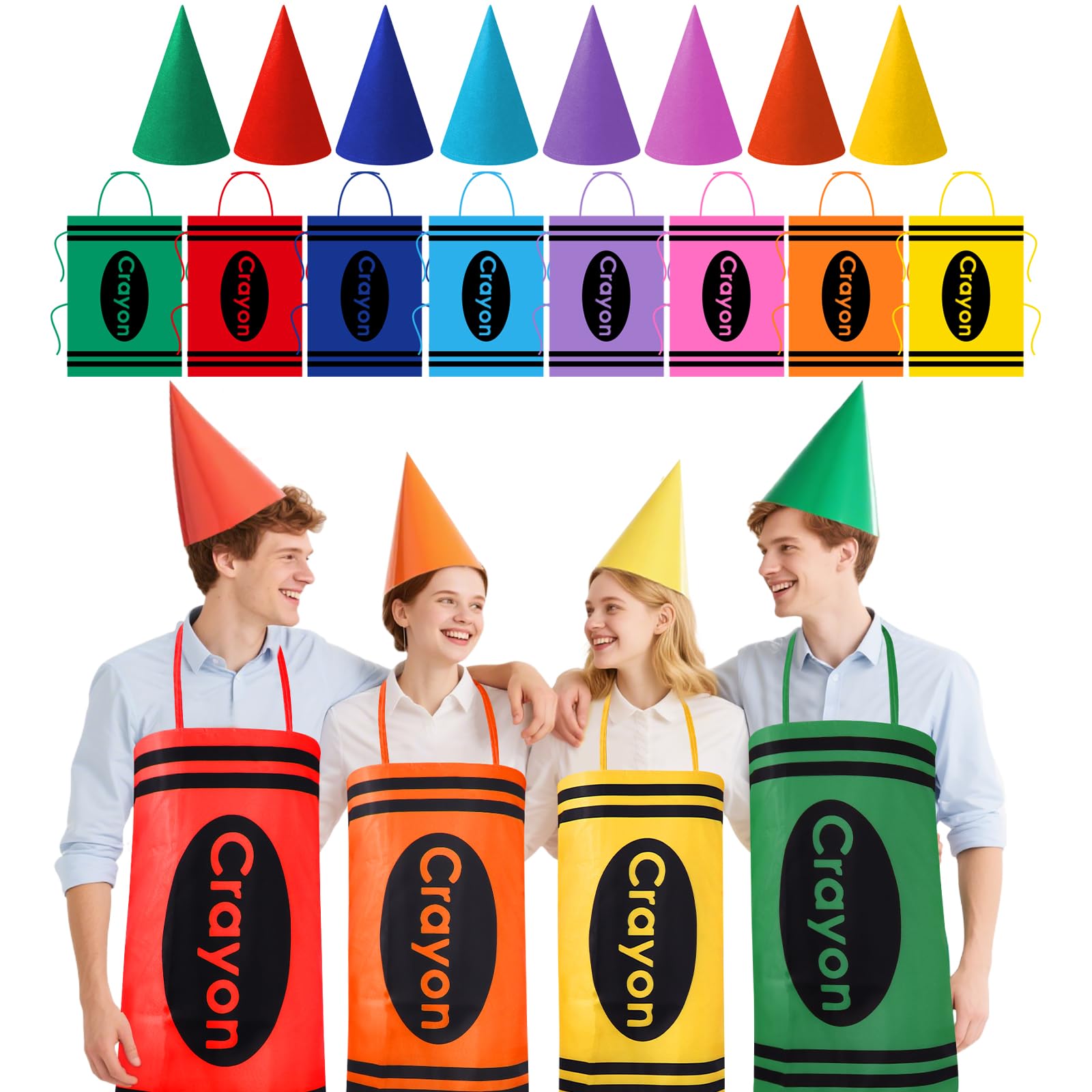 PANMAY 8Pcs Crayon Costume Adult, Crayon Aprons Outfit, 8 Colors Apron and Gnome Hat Kit Family Halloween Group Cosplay Dress Up