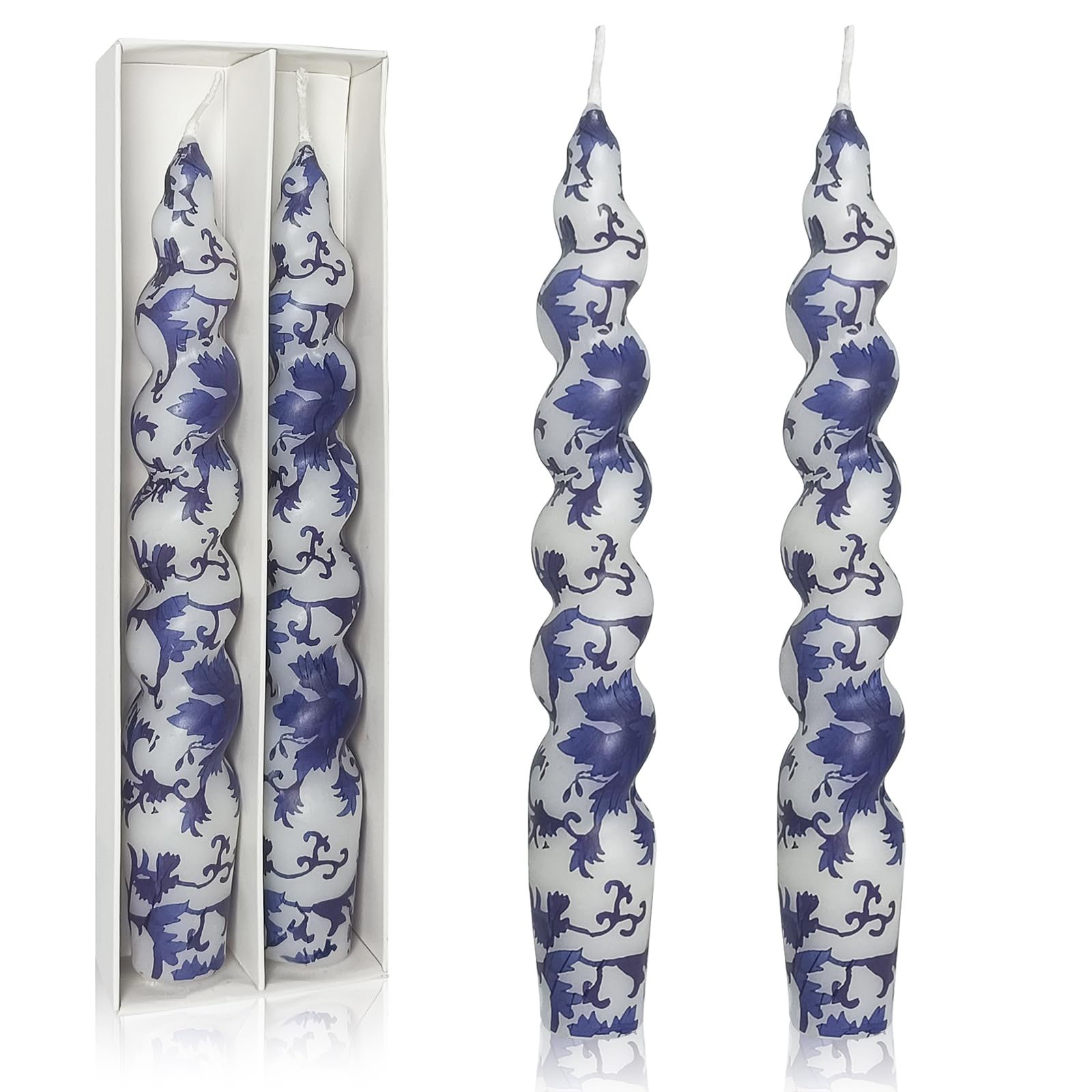 Unscented Floral Taper Candle Spiral Candlesticks - Set of 2 Blue and White Handmade Twisted Candle 7.5 Inch Cute Print Tapered Candles for Home Wedding Dinner Gifts
