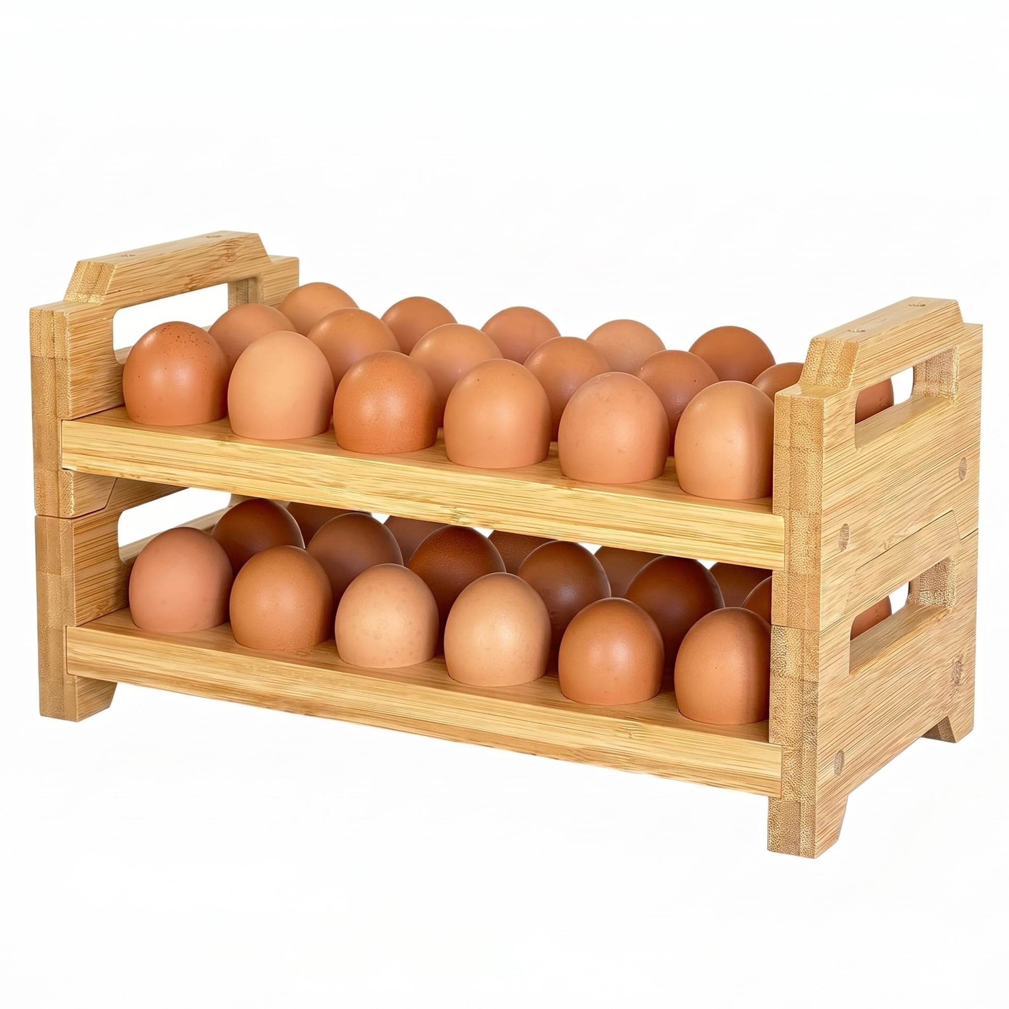 Ameble 2-Tier Bamboo Egg Holder with Handle, Stackable Egg Rack Tray for Kitchen & Refrigerator Storage, Bamboo Color