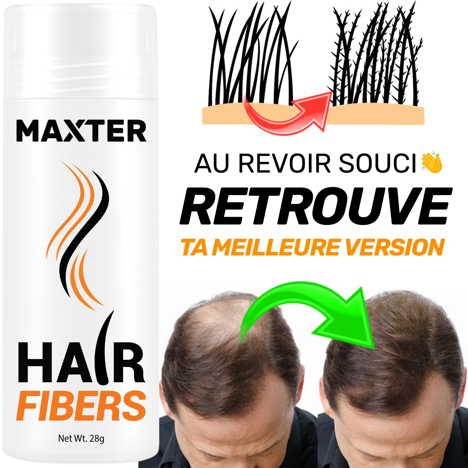 Maxter FIBRE CAPILLAIRE Châtain Foncé - Poudre Cheveux Homme et Femme pour Dissimuler la Calvitie - Poudre pour Cheveux en Microfibre pour Densité et Volume