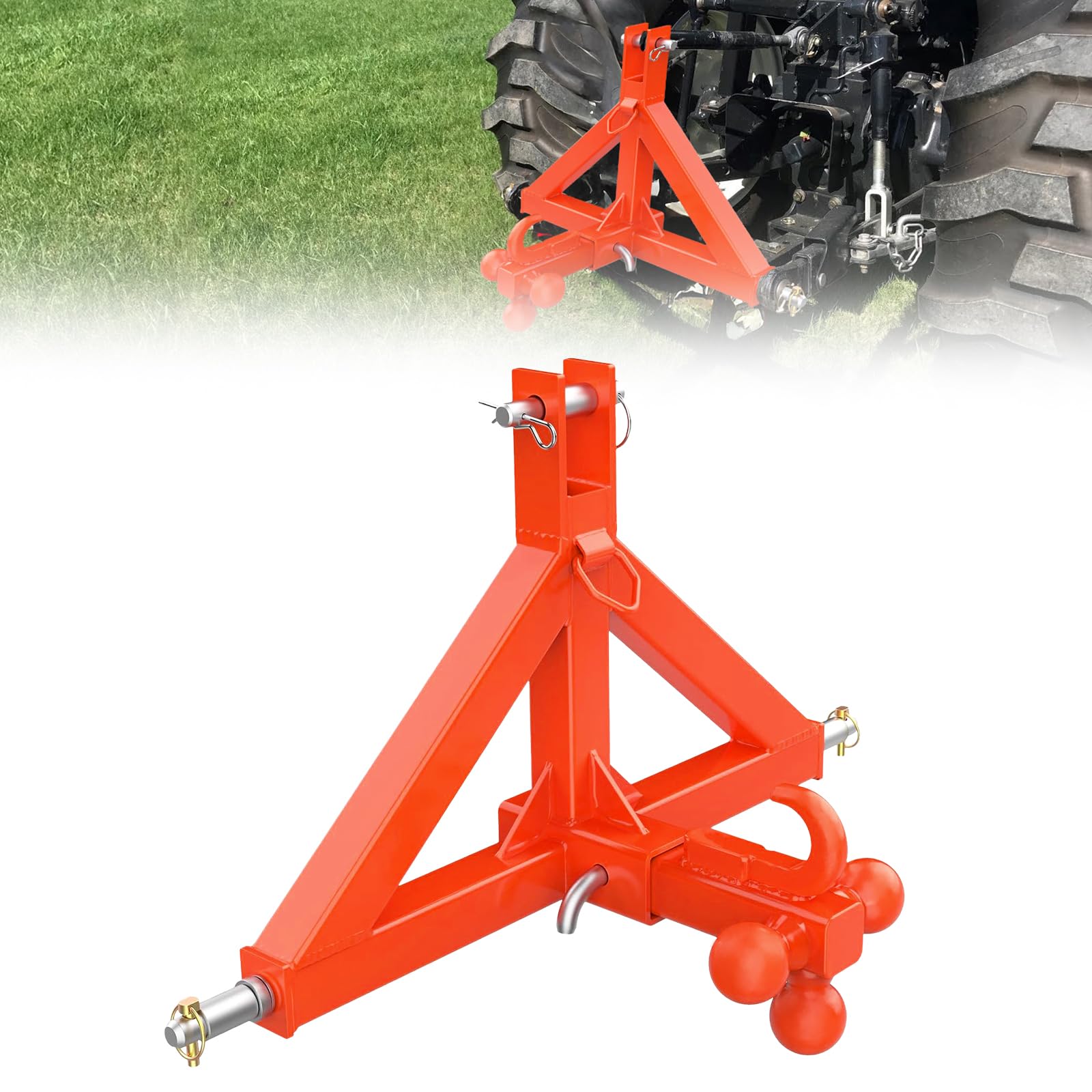 Garvee Enganche de 3 puntos resistente para tractor, receptor de 2 pulgadas, con bola y gancho, compatible con Kubota BX/LM25h/WLM, montaje rápido, negro, triángulo de agujero distintivo, gancho bola