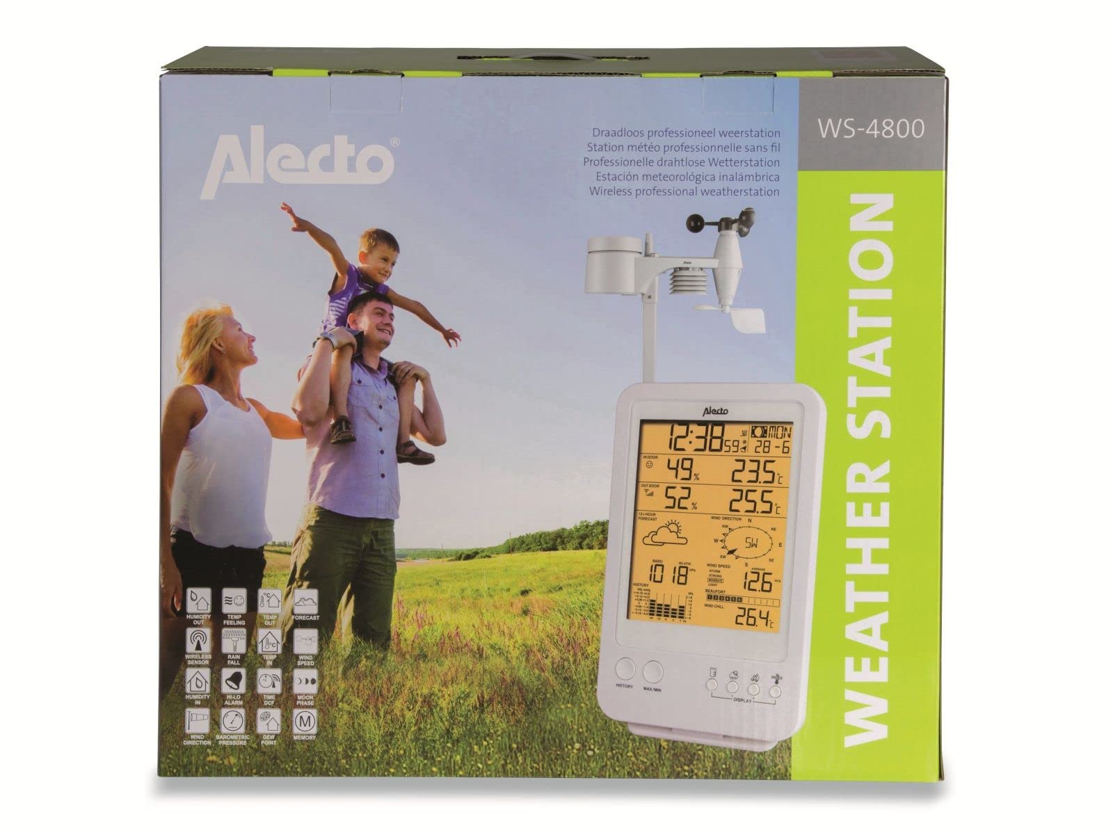 Alecto WS-4800 Wetterstation Funk mit Außensensor - Funkwetterstation - 5-in-1 - großes Display - speichert Messwerte - Funkuhr - Datumsanzeige - Mondphasen - weiß