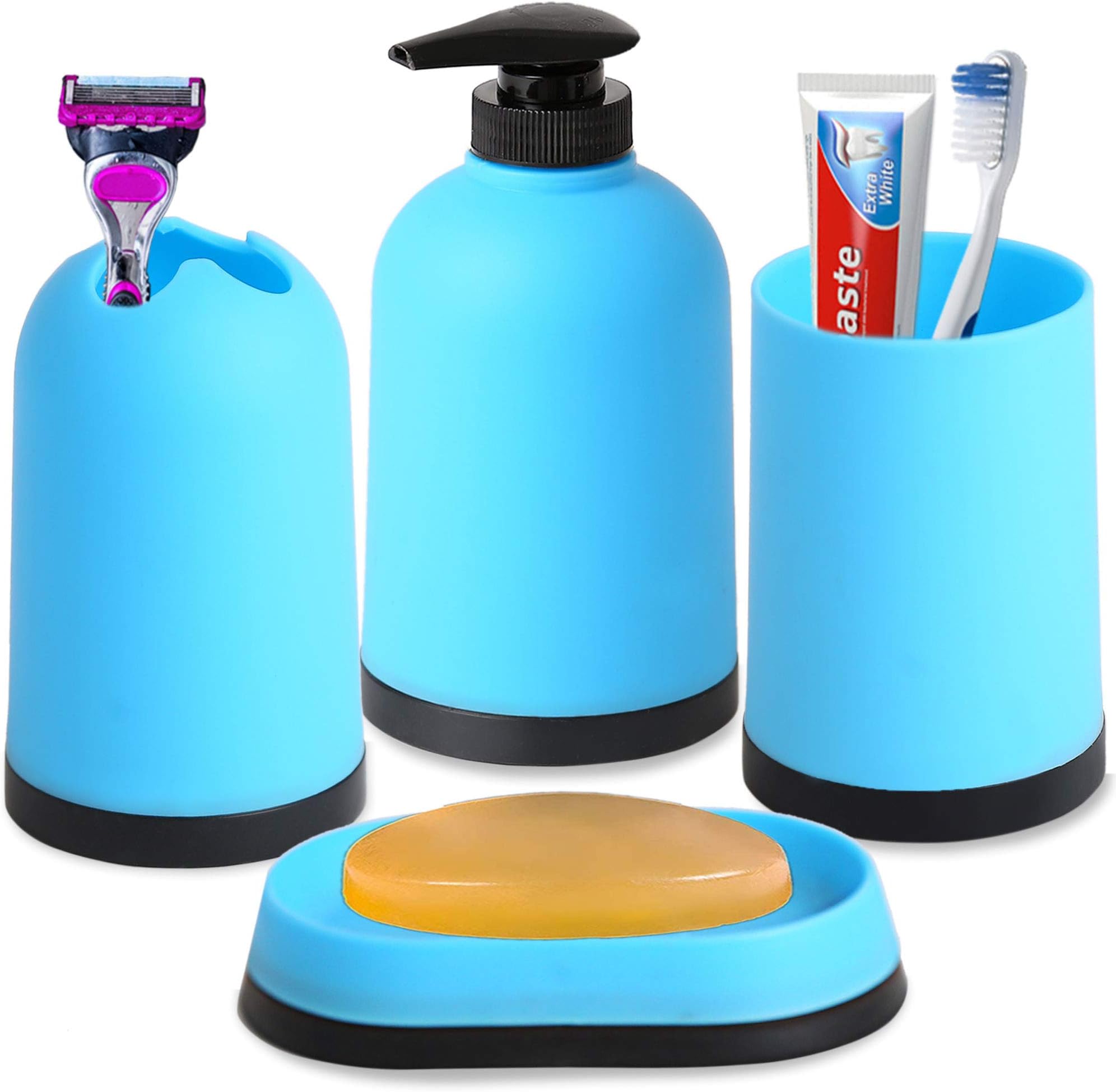 Smile Mom Polypropylene Bathroom Accessories with Soap Dish, Toothbrush Holder, Liquid Bottle Dispenser, Tumbler, Best Decor for Home, Toilet, Kitchen (Blue) - Set 4 Piece