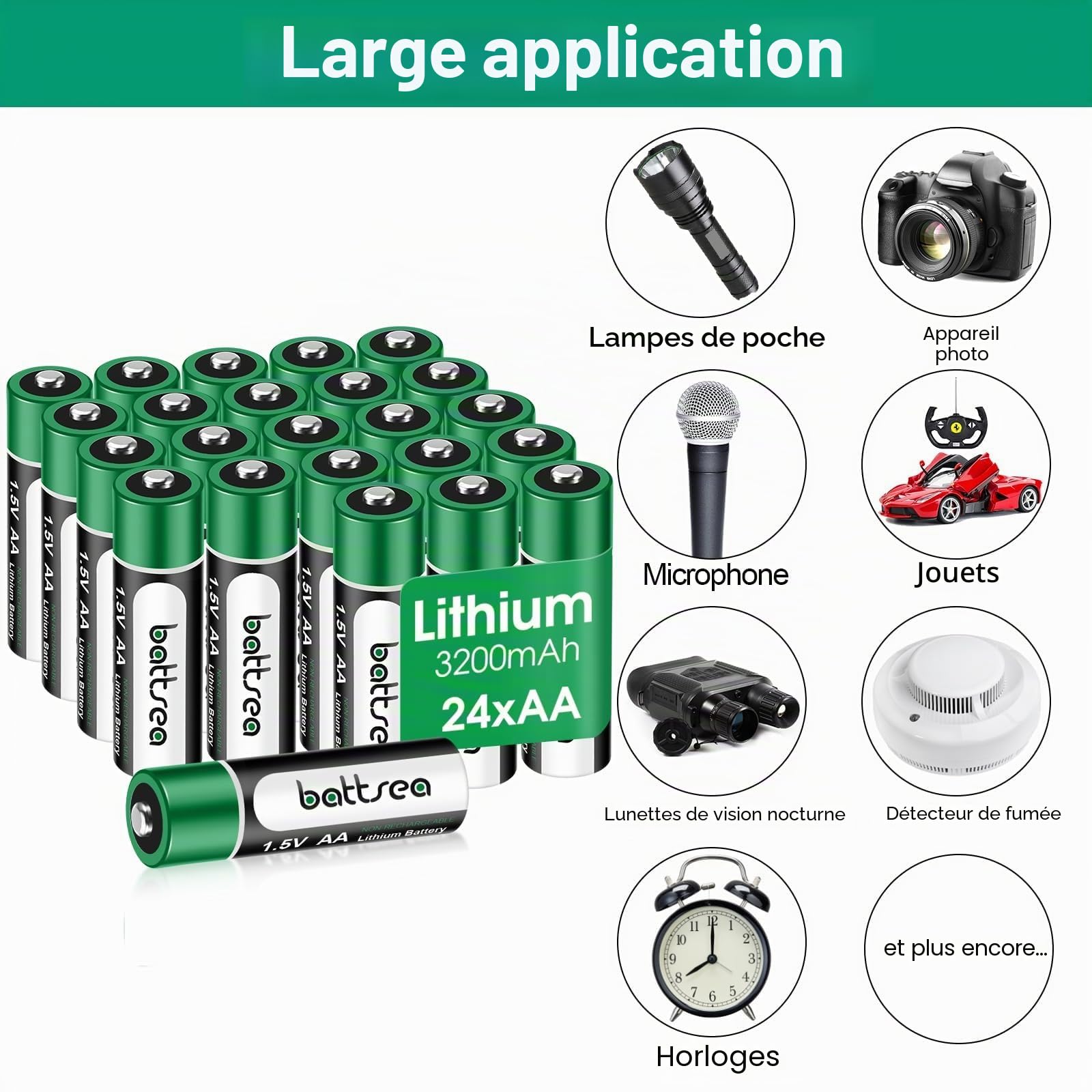 Lot de 24 piles au lithium AA 3200 mAh 1,5 V non rechargeables