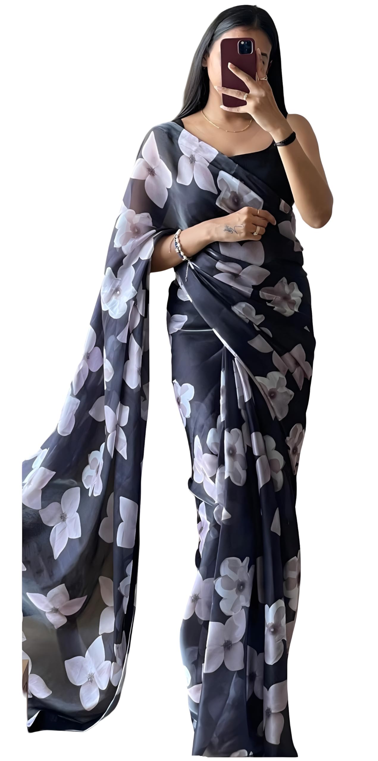 SidhidataWomen's Georgette Digital Printed Ready To Wear one Minute Saree With Unstitched Blouse Piece (RTW Jasmine_Free Size)