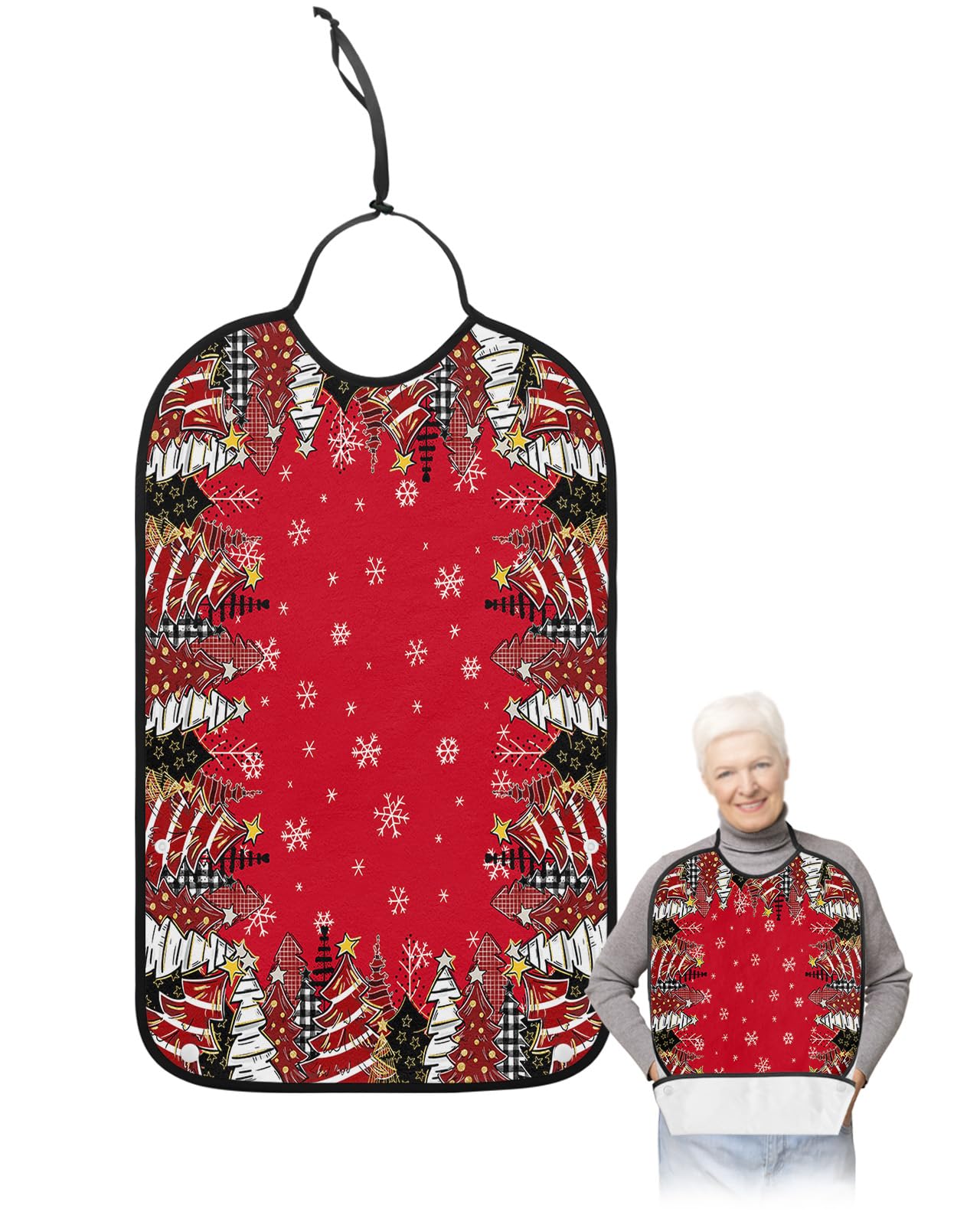 Adult Bibs for Elderly Women - Red Christmas Tree Waterproof Dining Clothing Protectors with Crumb Catcher for Eating/Feeding, Red Black Xmas Tree Winter Snowflake Terry Cloth Bib Machine Washable