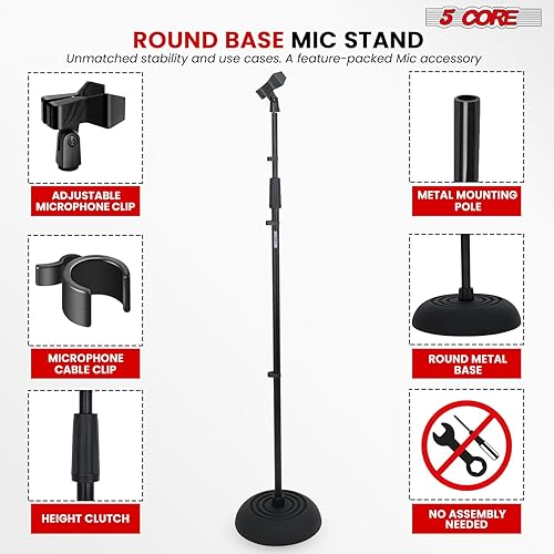 Miniatura 5 de 5 Core Soporte de micrófono de piso resistente altura ajustable 37.5-70 pulgadas Soportes de micrófono Pedestal Base redonda Soporte de micrófono