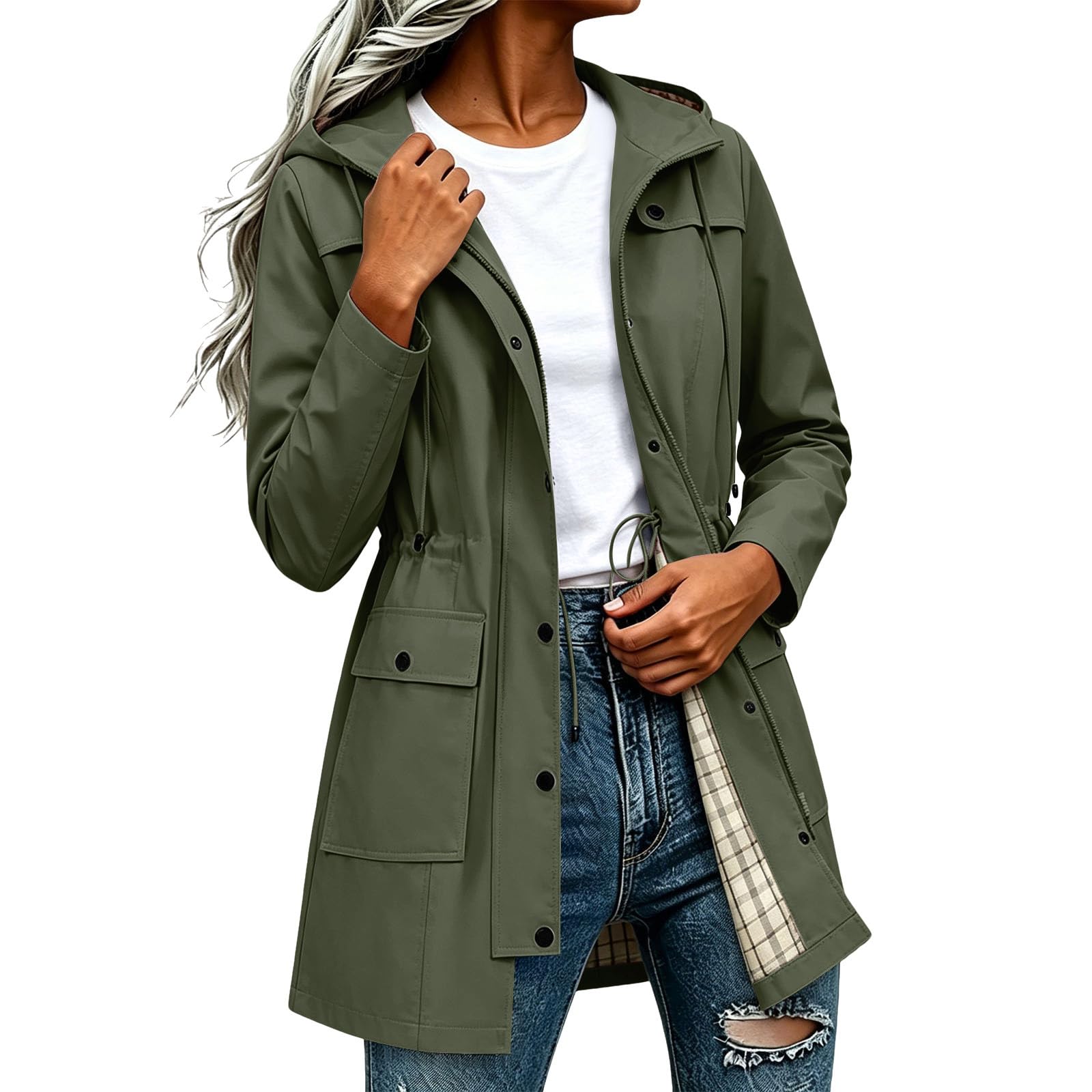 Znwerma waterproof jackets Waterproof Jacket Lightweight for Women Ladies Windbreaker Rain Coats Full Zip Hooded Long Raincoat Casual Hiking Walking Outwear Army Green
