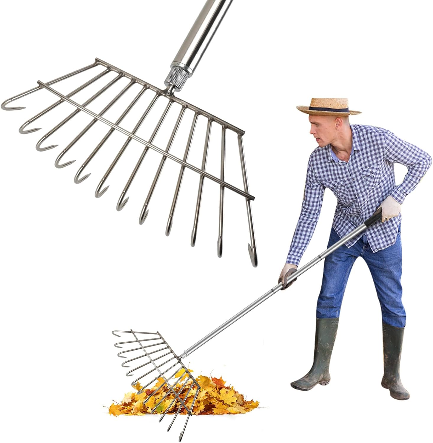 Rakes for Lawns, Garden Rake for Leaves, Turf Dead Grass Leaf Rakes Camping, Manual Dethatcher, Shrub, Debris, Weed Cleaning Removing Tool for Yard Landscape - Stainless Steel Heavy Duty
