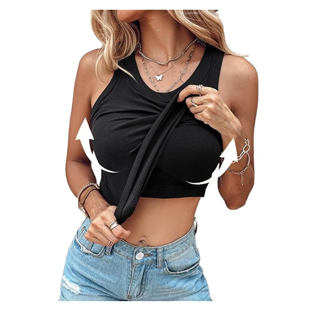 Amazon.com: Chic-Me Tank Top with Bra Round Neck Ribbed Tank