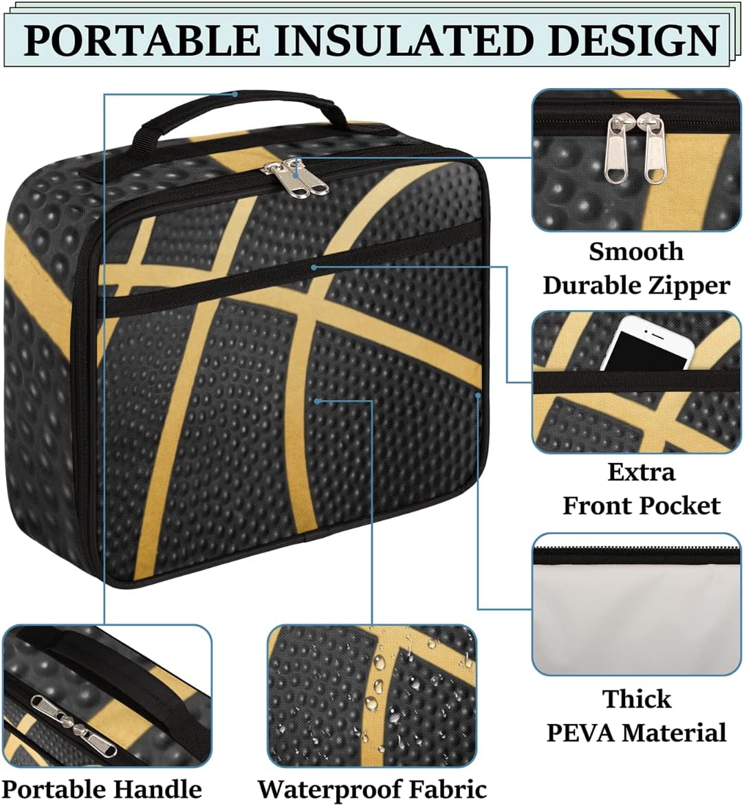 Kids Lunch Box for Boys Girls Balck Gold Sport Basketball Insulated Lunch Bag Reusable Small Cooler Bag Meal Containers Tote Kit for School Travel Women Men