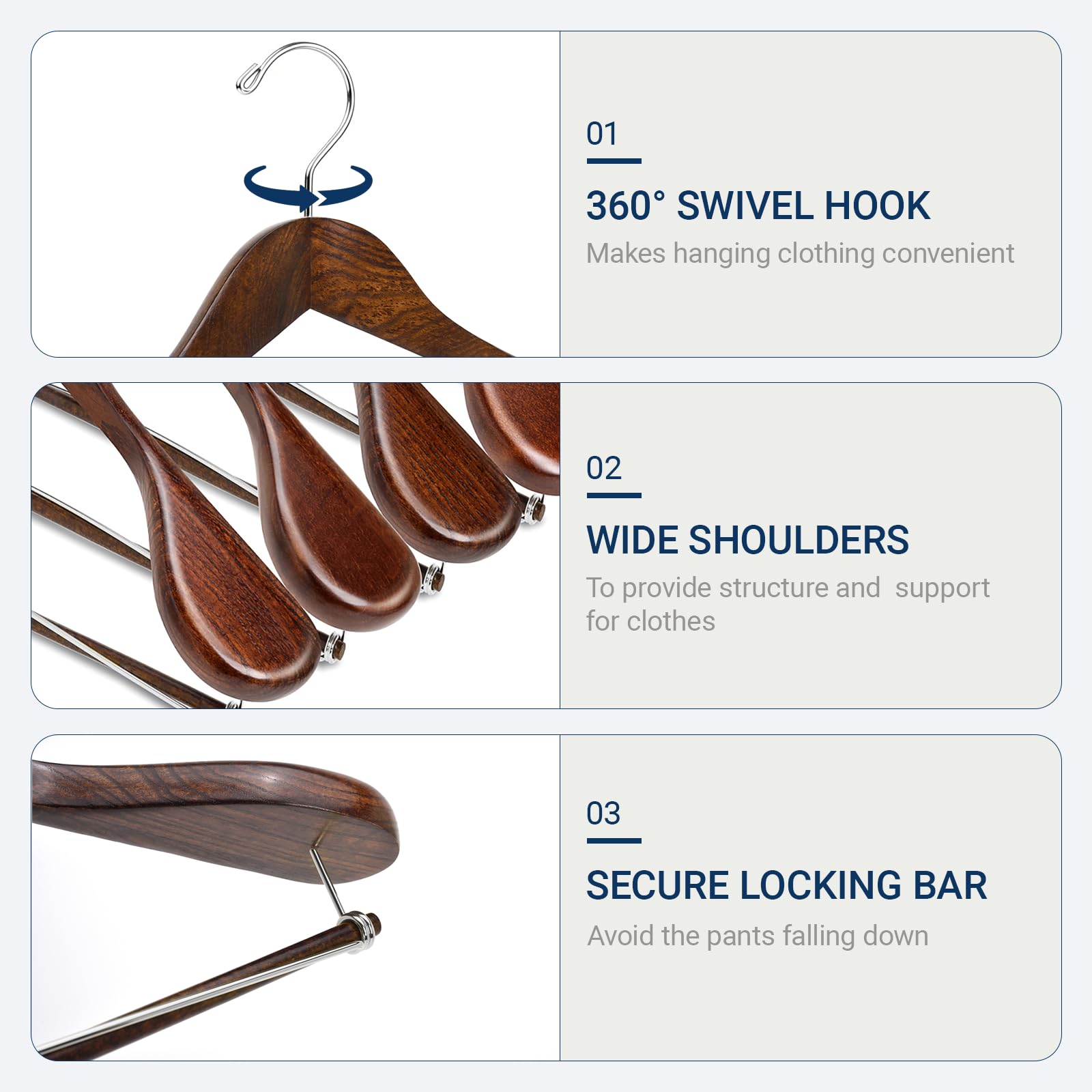 Amber Home Paquete de 6 perchas de madera retro con hombros anchos | Perchas de madera con barra de bloqueo antideslizante, perchas de ropa para chaquetas, suéteres, pantalones y ropa pesada