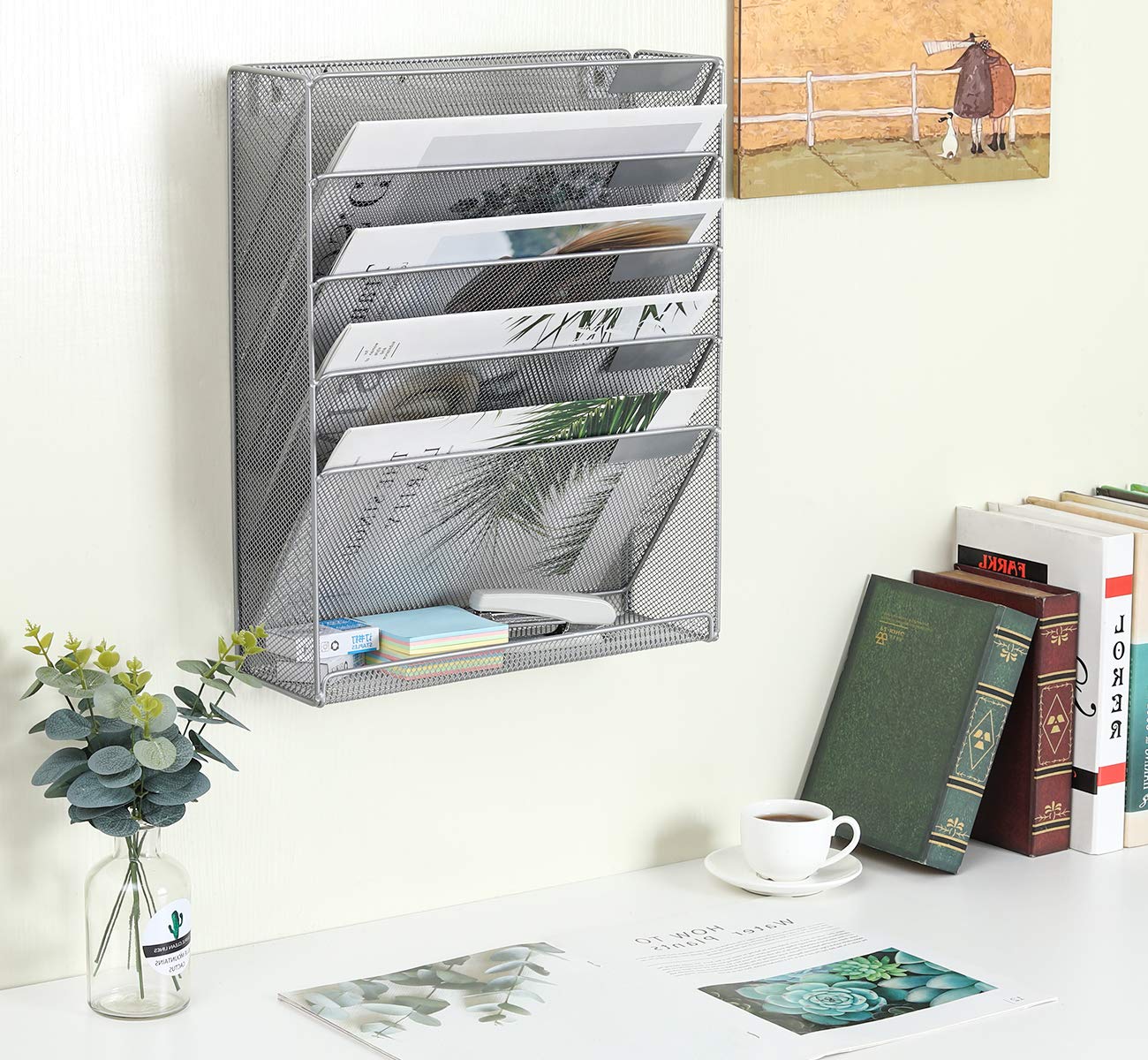EasyPAG Organizer da ufficio a parete a 5 ripiani, verticale, con design a rete robusta, per scrivania o cubicolo, argento