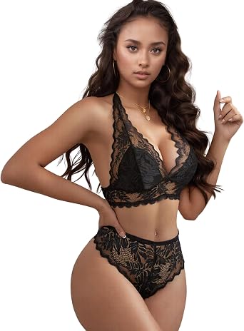 PORRCEY Womens Sexy Lace Bra and Panty Nightwear 2 Piece Underwear Outfit
