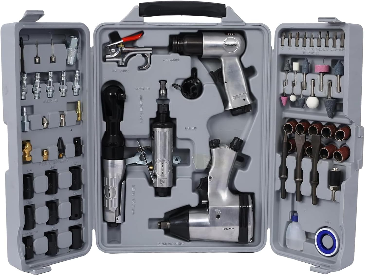 Complete Air Tool & Accessories Kit – Includes Impact Wrench, Air Ratchet, Die Grinder, Air Hammer, Hose Fittings, and Storage Case (71-Piece Silver)