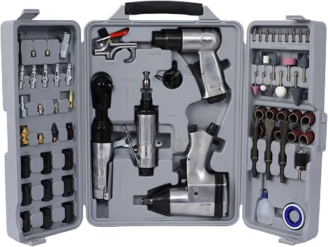 Complete Air Tool & Accessories Kit Includes Impact Wrench, Air Ratchet, Die Grinder, Air Hammer, Hose Fittings, and Storage Case 71-Piece Silver
