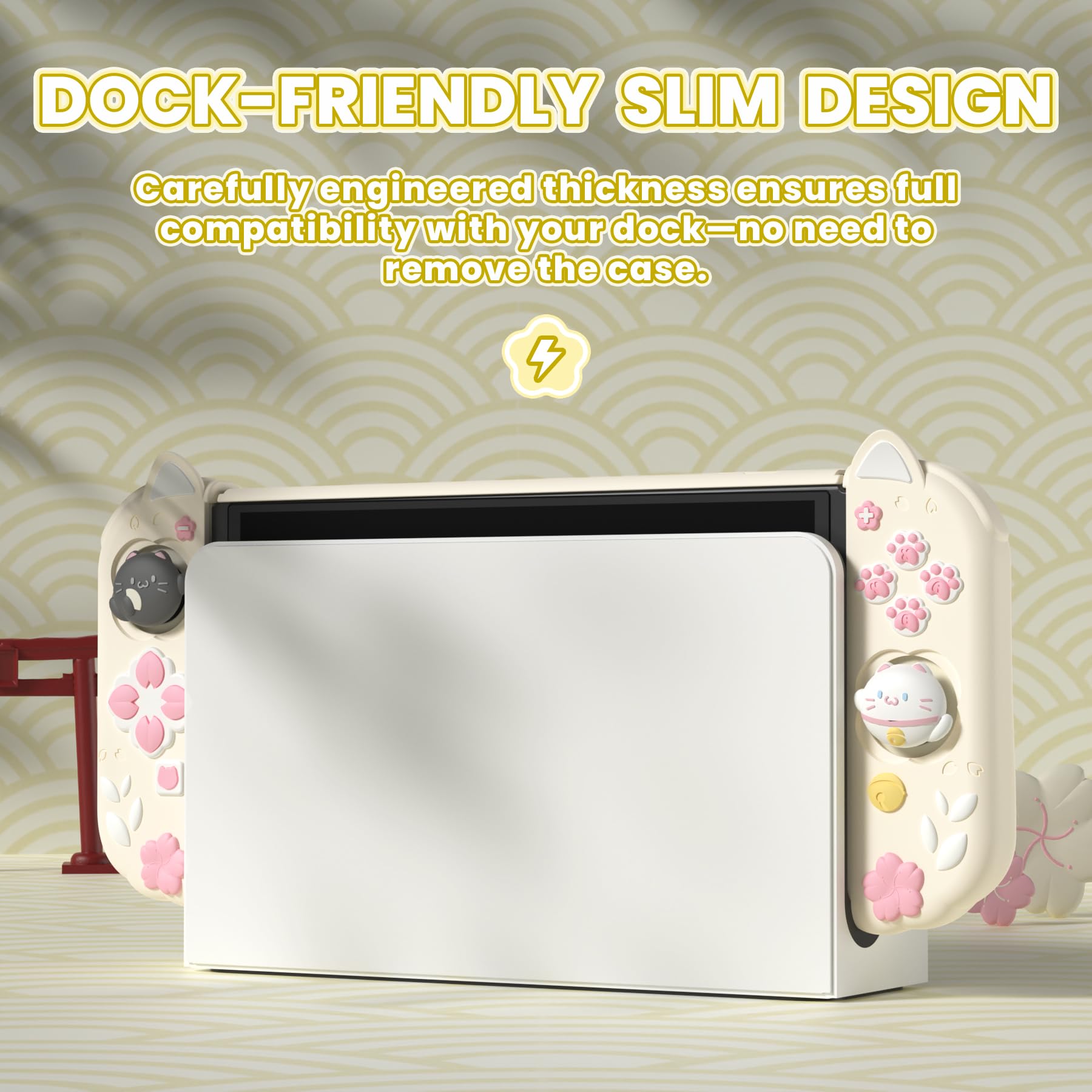 playvital Cover Dockable per Nintendo Switch OLED, Custodia Grip Silicone per Joycon &Copertura Console Protettiva Rigida &Supporto Regolabile &Copri Analogici Carini, Gattino di Fiori-Giallo Antico