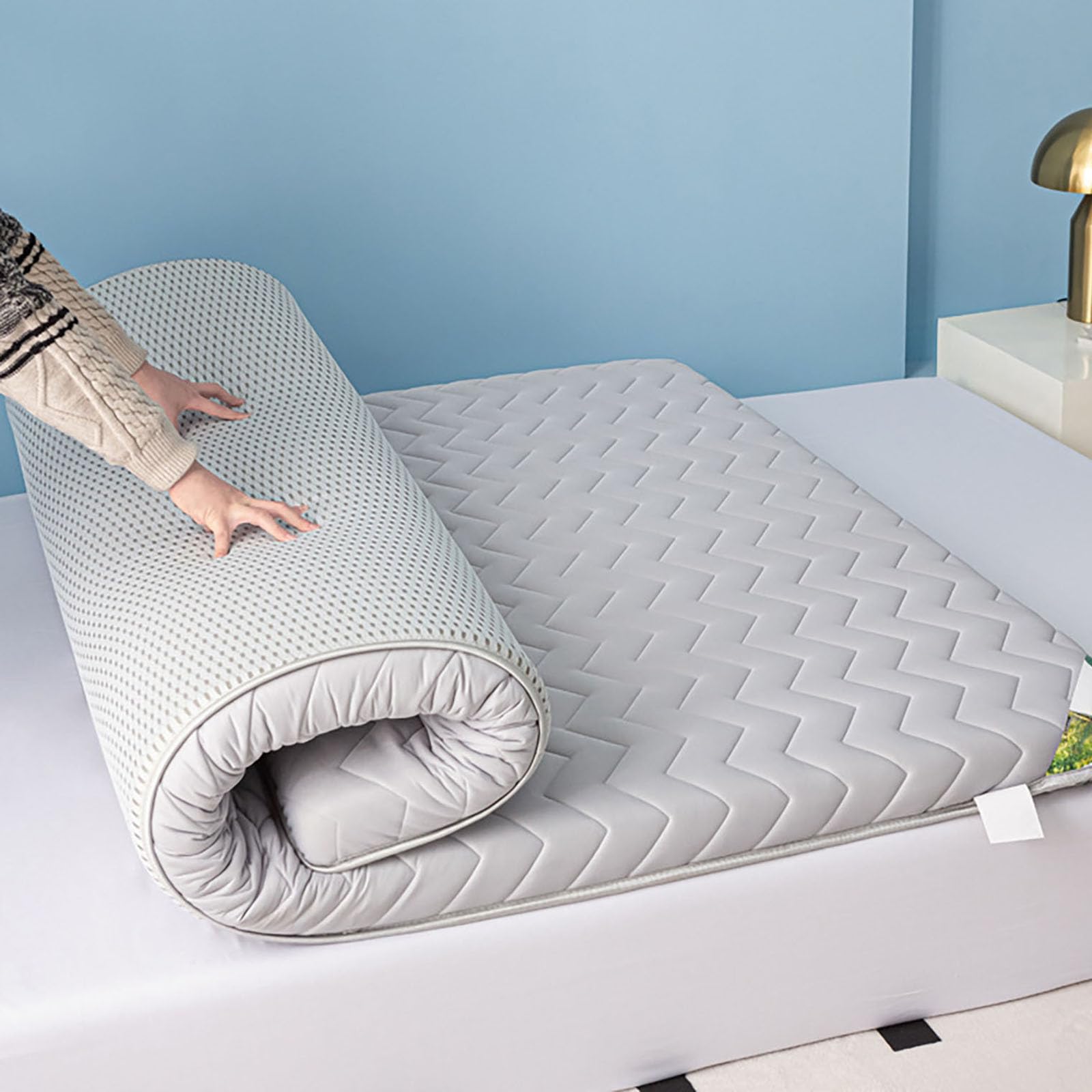 Materasso futon Pieghevole Portatile, Spessore 5 cm/8 cm, Traspirante, Imbottitura, Grigio, 110 x 190 cm, Ideale per Uso Interno ed Esterno, Versatile.