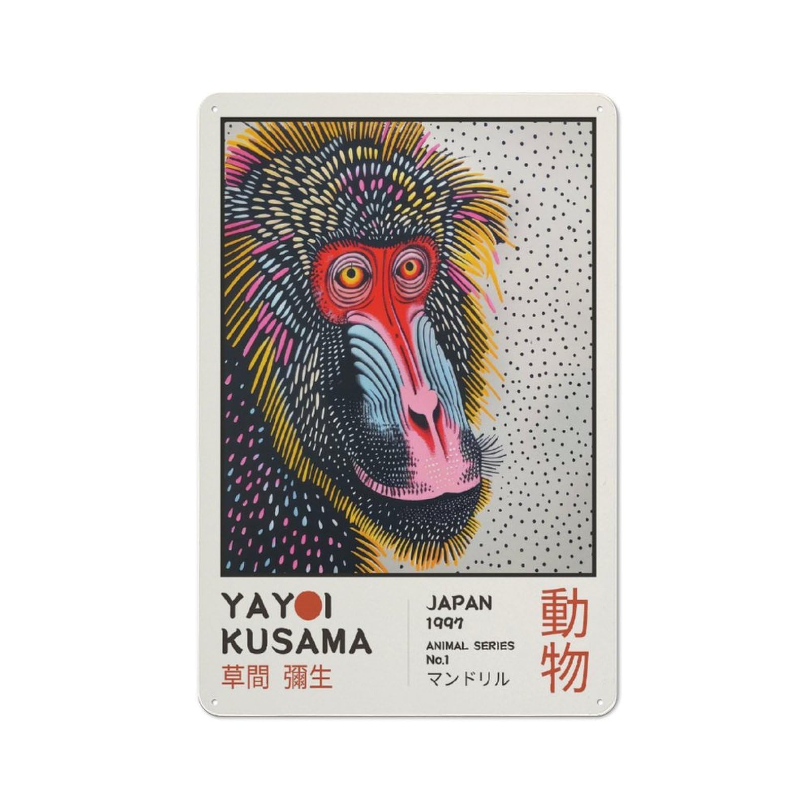 Junmoney Style-18 Industrial Metal Sign With Yayoi Kusama Mandrill No.1 Exhibition Poster Design 30X20cm, Modern Retro Loft Wall Plaque For Workspace, Cafe, Hallway Or Garage