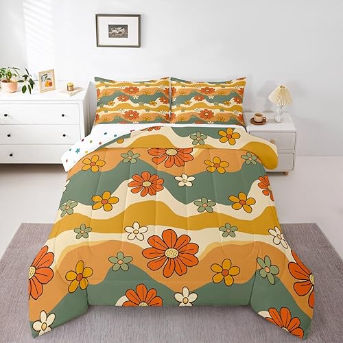 Miniatura 10 de Juego de edredón Kawaii de hongos, tamaño Queen, bohemio, juego de ropa de cama con estampado floral hippie y groovy, juego de ropa de cama y juegos