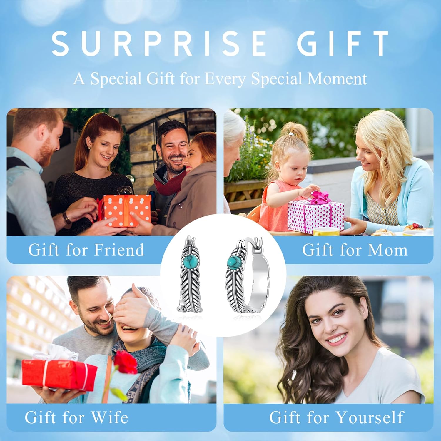 Feather Hoop Earrings 925 Sterling Silver Turquoise Earrings Western Jewelry Feather Gifts for Women - Image 7