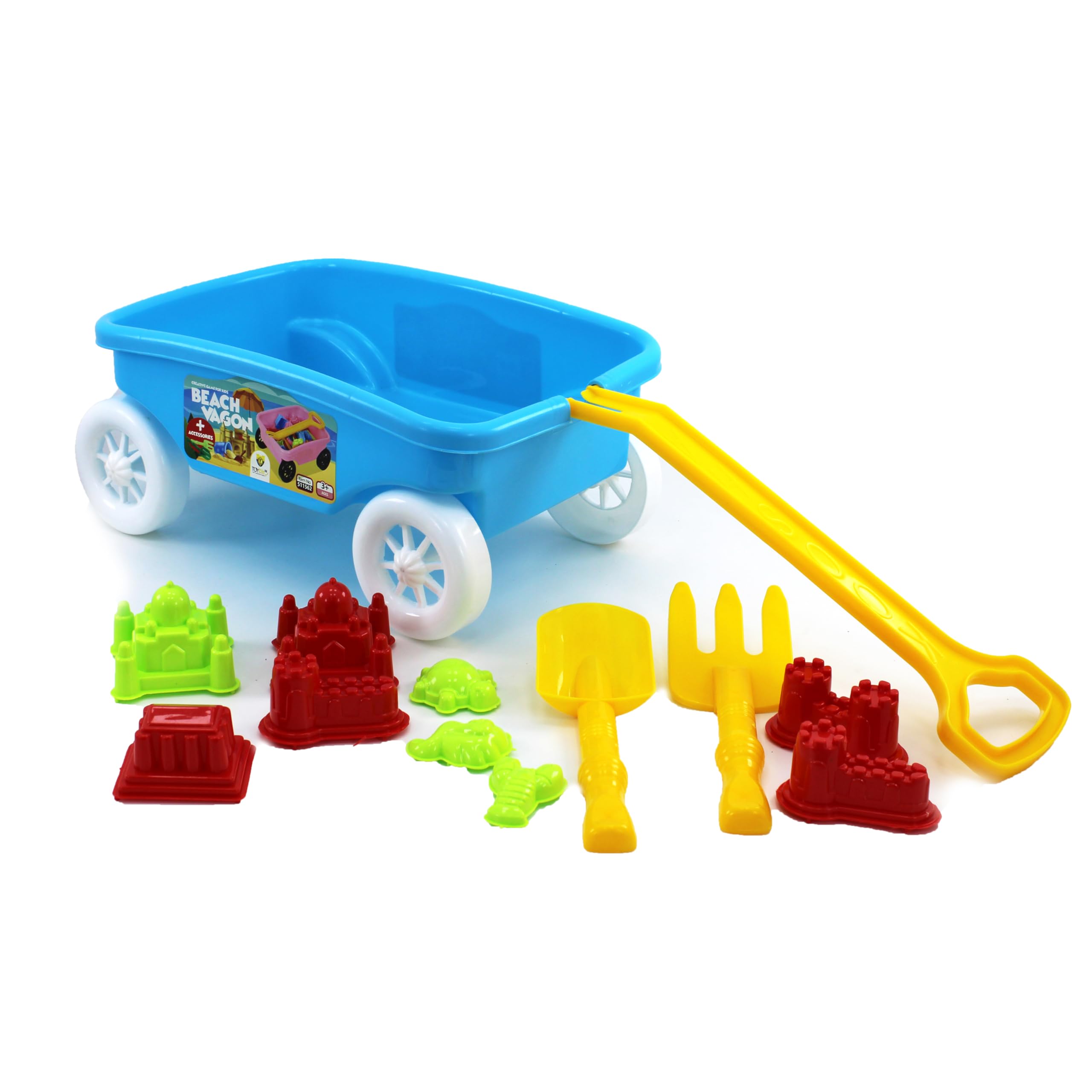 Beach Toys Set for Kids Colorful Sand Play Set with Buckets Shovels Toy Car Molds and Tools Perfect for Fun Beach Sandbox and Outdoor Play Durable Ideal Summer (BEACH WAGON ACCESSORIES 13P SET)