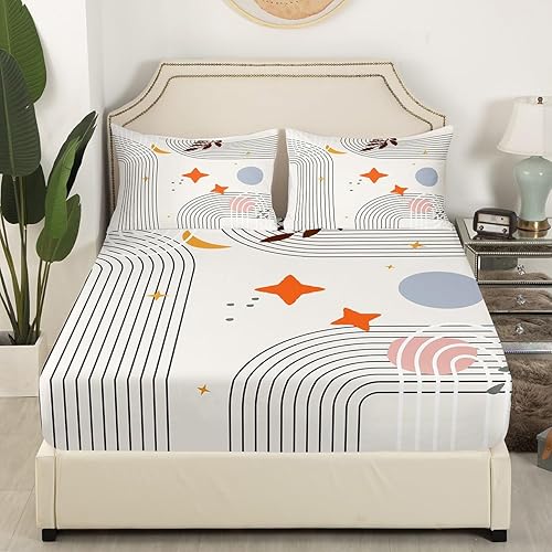 Miniatura 3 de Erosebridal Juego de sábanas de tamaño matrimonial abstracto con diseño de sol rojo y líneas geométricas, juego de cama estético minimalista