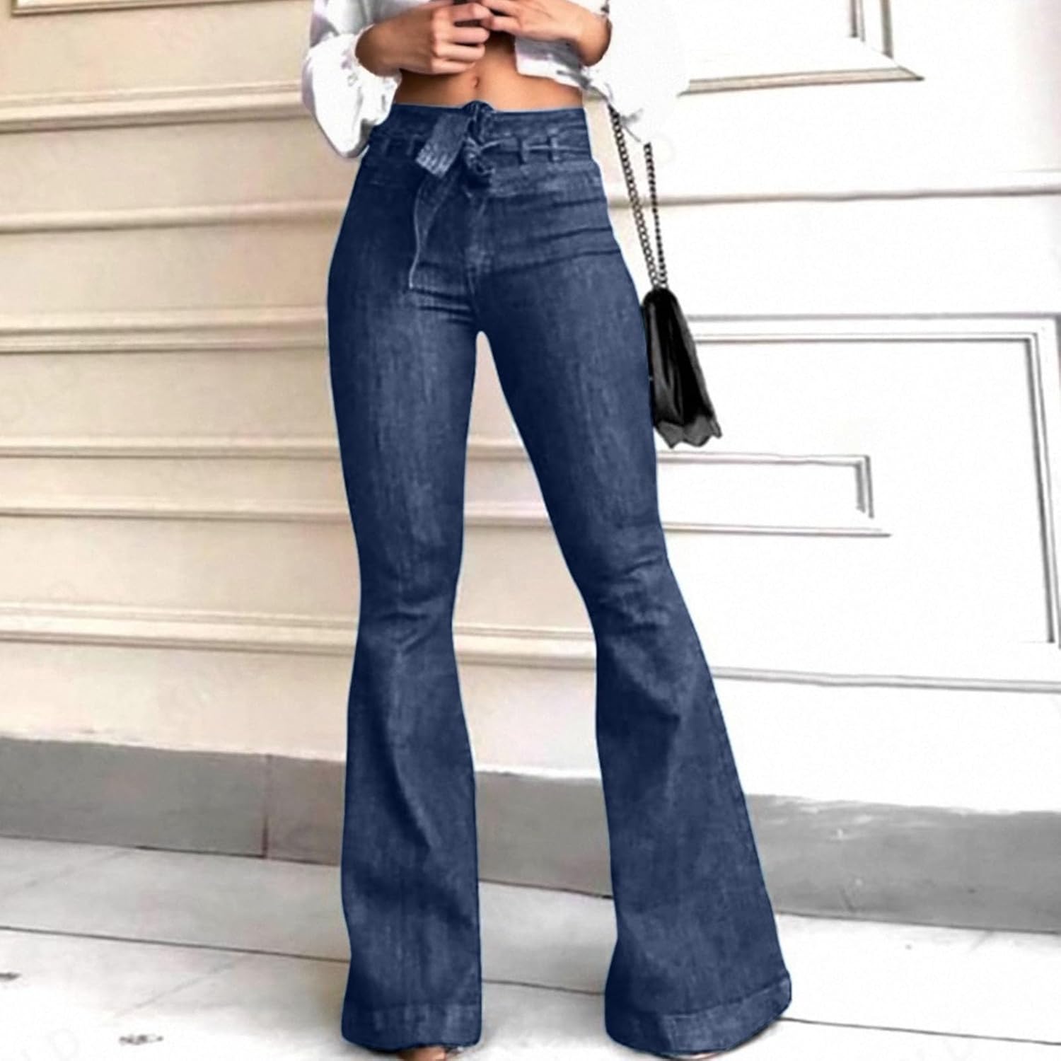 Womens Flare Jeans High Waisted Bottom Stretch Wide Leg Denim Pants with Lifting Tie Belt for Everyday Wear