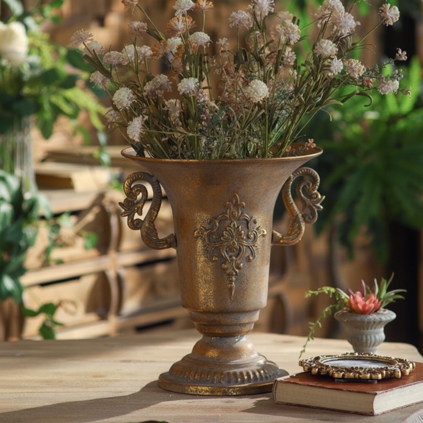 Vaso in Metallo Manici Retrò | Finitura Oro Invecchiato, Antico, Centrotavola, per Matrimonio, Organizzatori di Matrimoni, Fioristi