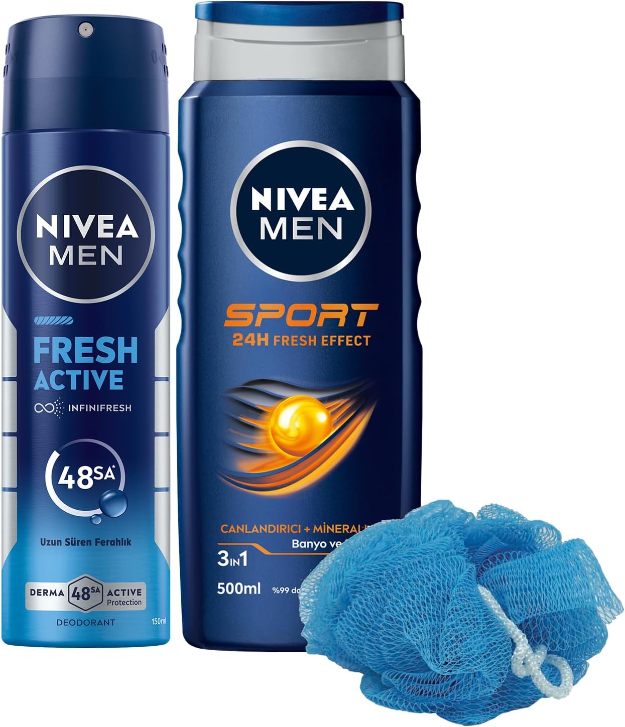 MEN Erkek Sprey Deodorant Fresh Active 150ml ve Sport Duş Jeli 500ml, Banyo Lifi Hediyeli, Pudrasız