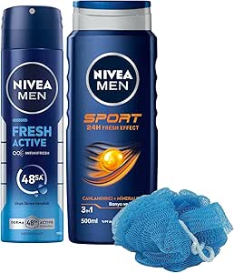 MEN Erkek Sprey Deodorant Fresh Active 150ml ve Sport Duş Jeli 500ml, Banyo Lifi Hediyeli, Pudrasız