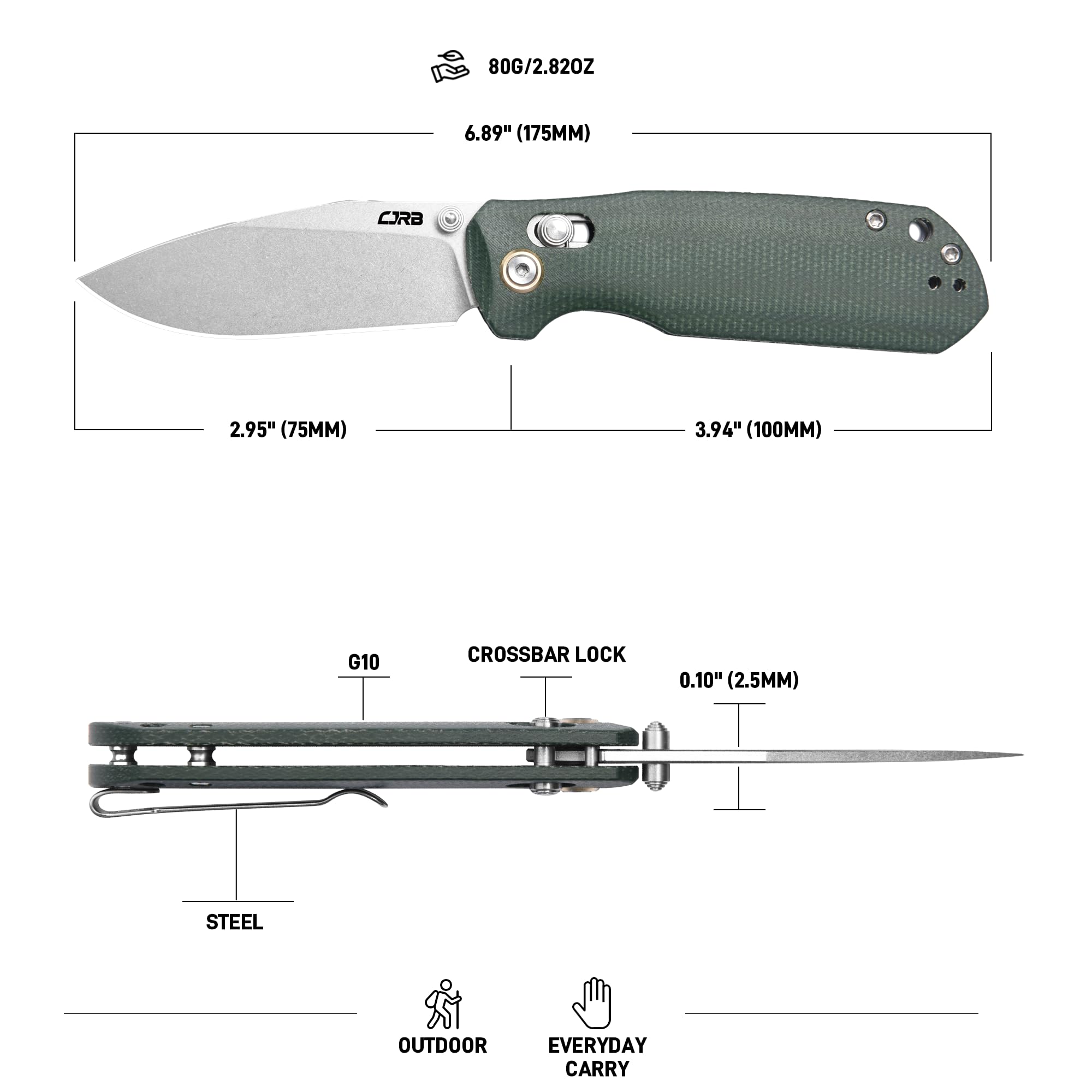 CJRB Maximal Klappmesser 7,5 cm Klinge AR-RPM9-Stahl grüner Micarta-Griff Taschenmesser EDC Camping Wandern J1954