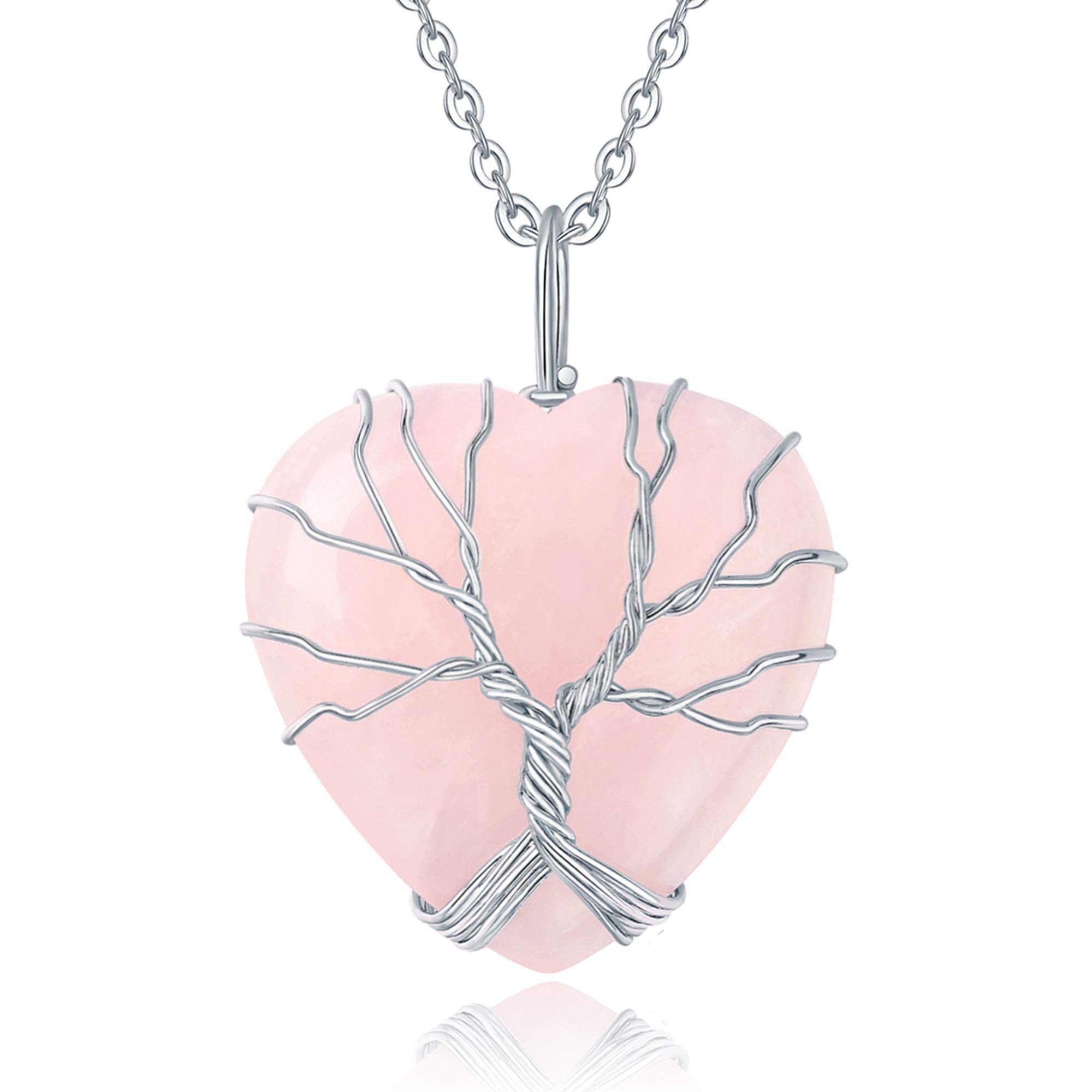Healing Crystal Stone Heart Pendant Necklace Tree of Life Wire Wrapped Necklaces Reiki Natural Gemstone Quartz Jewelry for Women-image-12