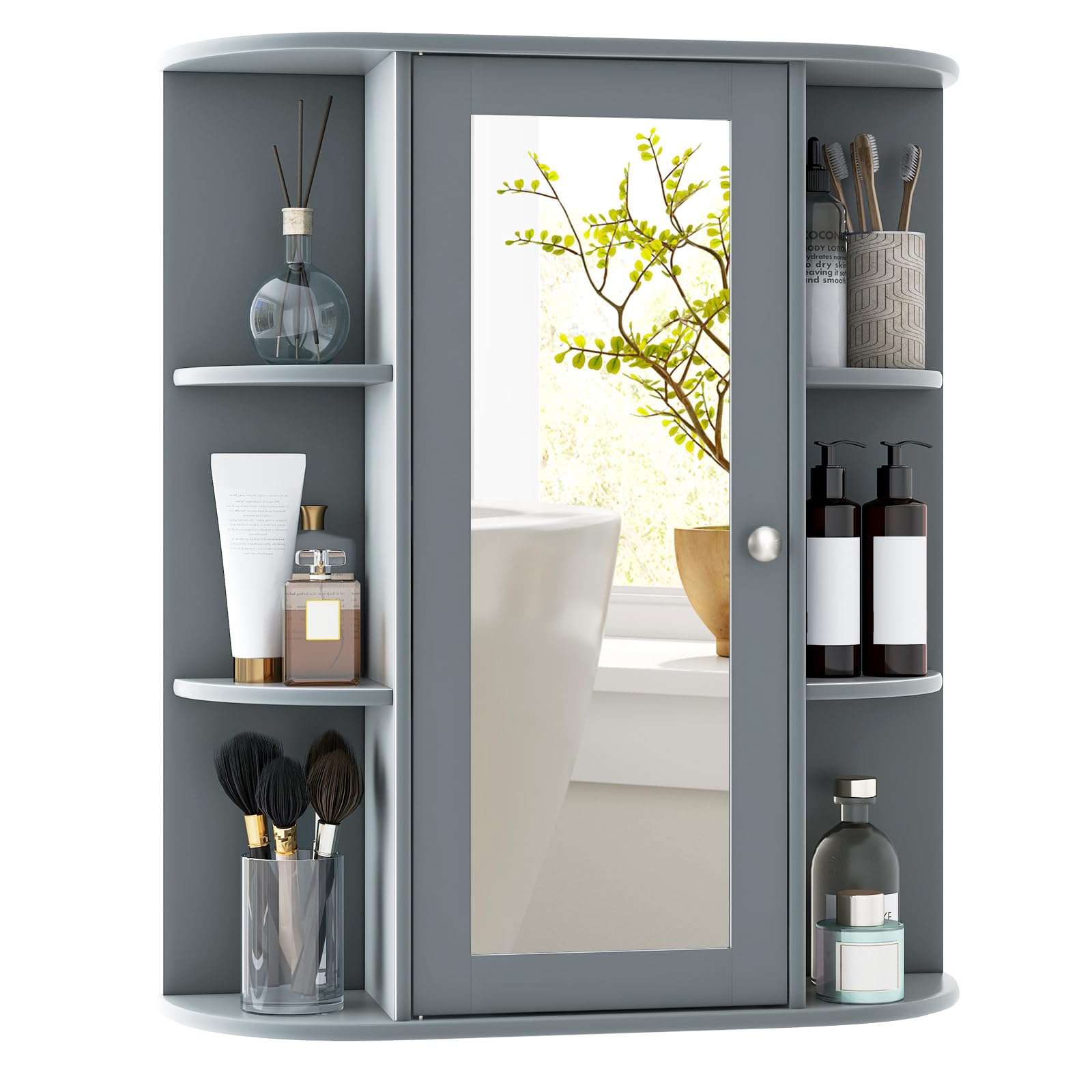Giantex Medicine Cabinet, Bathroom Wall Cabinet with Mirror, Single Door, 3 Adjustable Shelves, 6 Fixed Shelves, Over The Toilet Space Saver Storage Cabinet for Living Room, Kitchen, Cupboard (Grey)
