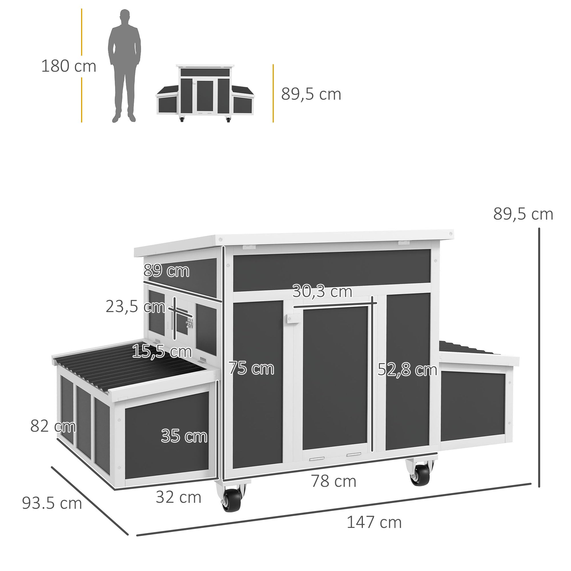 PawHut Gallinero de Madera 147x93,5x89,5 cm para 2-4 Gallinas Gris Oscuro | Gallinero para Exterior, con Puerta, Ventana, Nido, Bandeja Desmontable y Perchas