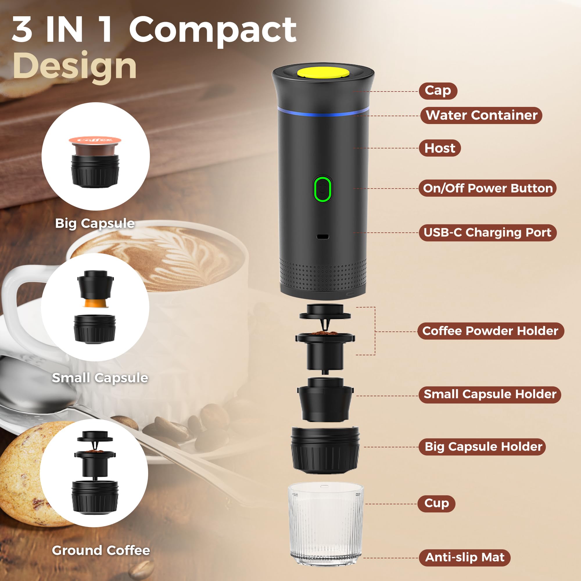 Machine à Café Portable, 3 en 1 Cafetière Expresso avec Support et Sac, Batterie Rechargeable 7500mAh, Compatible Capsules et Café Moulu, Pour Voyage, Camping, Voiture, Bureau (Vert)