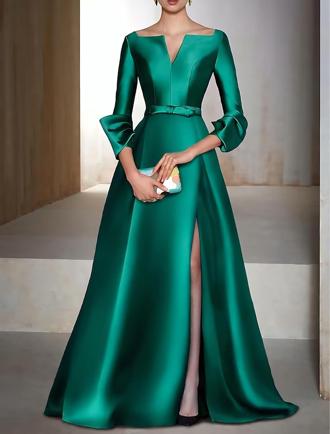 Satin Mother of The Bride Dresses for Women - Long Sleeve Dress for Women A Line Mother of The Groom Gown with Slit