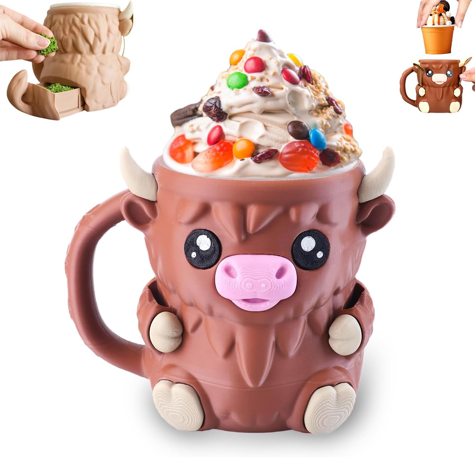 CelestiMingle Highland Cow Ice Cream Pint Holder with Handle & Snack Drawer