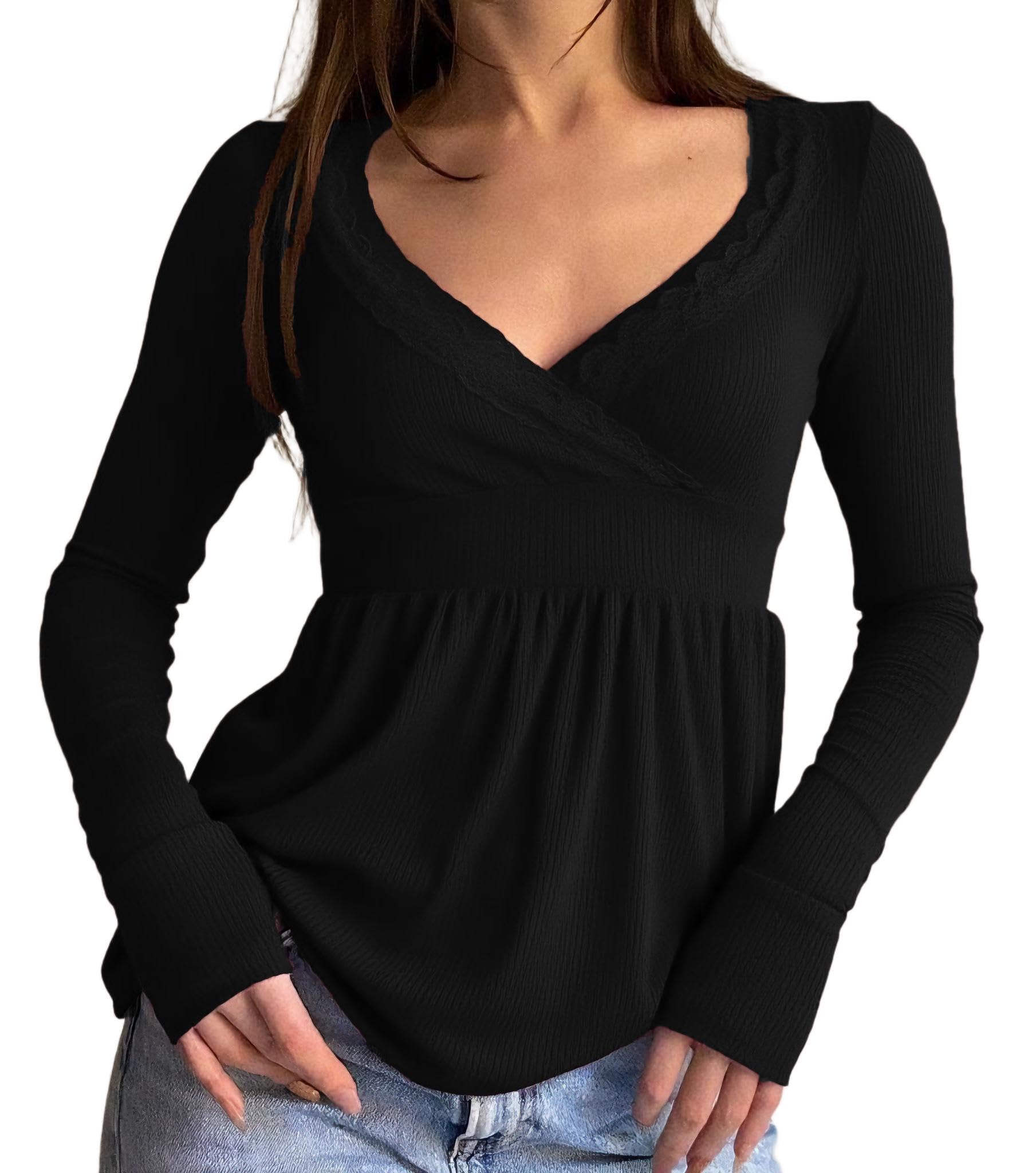 Eimmao Women Babydoll Long Sleeve Top Y2K V Neck Shirts Cute Black M โ image 1